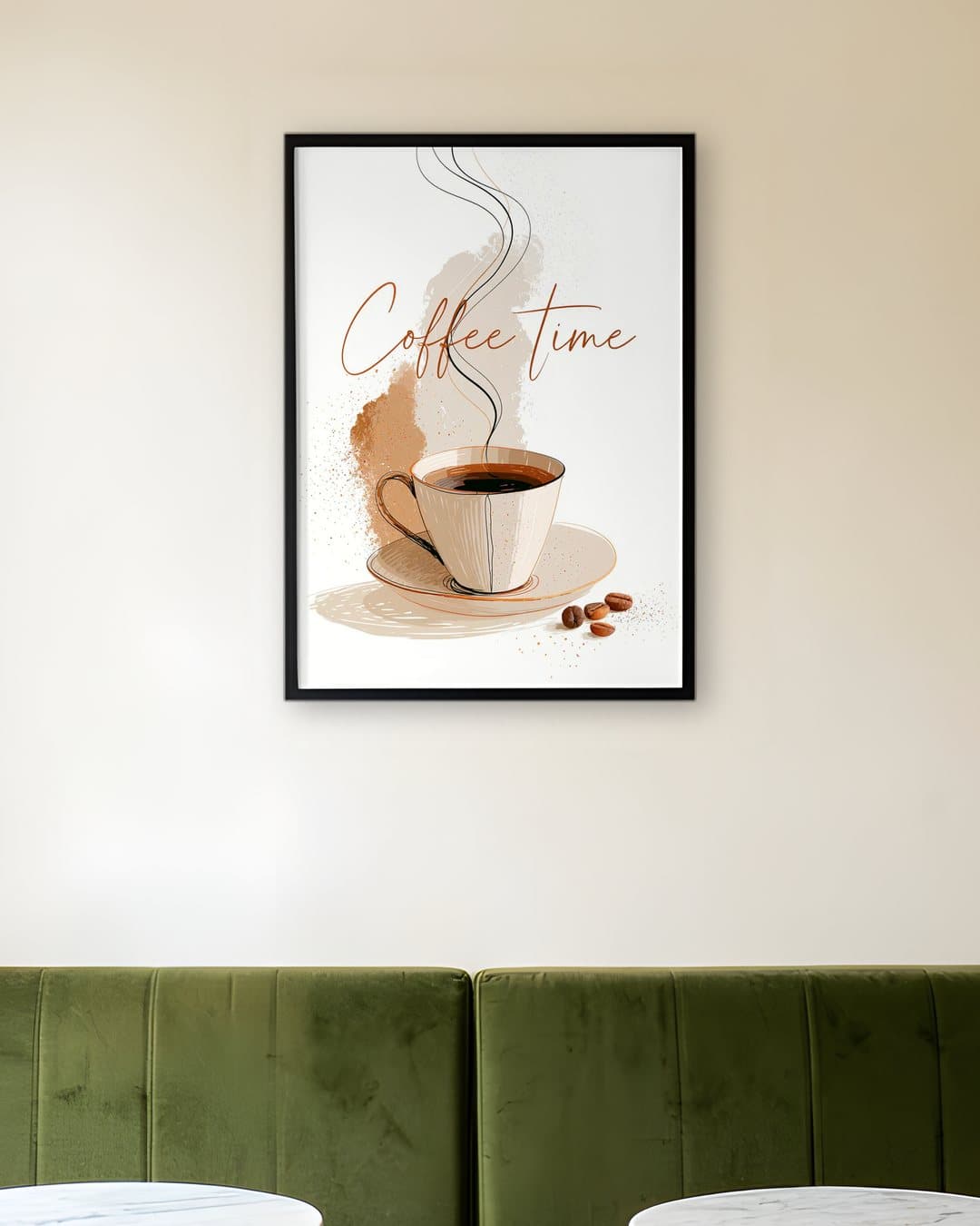 Kahve Zamanı Minimal Çizim tablosu kafe duvarında: 50 × 70 cm, siyah ahşap çerçeve