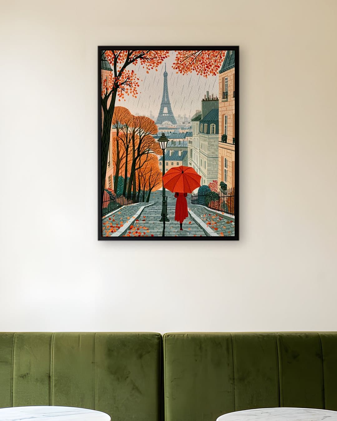 Yağmurlu Paris ve Kırmızı Şemsiye tablosu kafe duvarında: 50 × 70 cm, siyah ahşap çerçeve