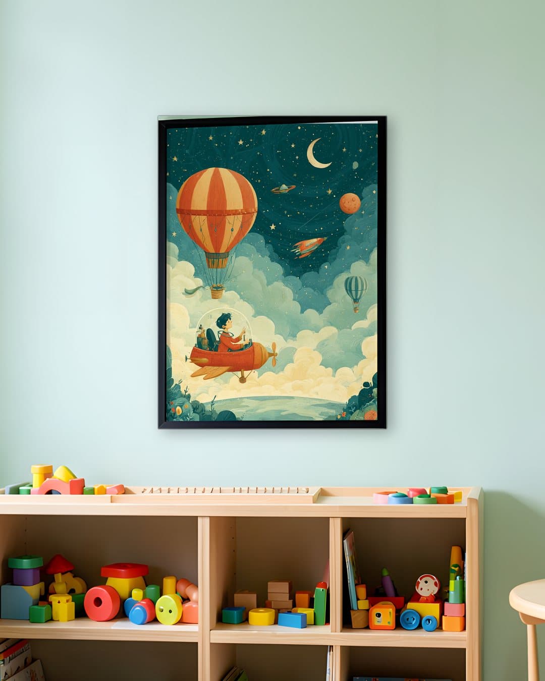 Balonla Gece Yolculuğu tablosu sınıf duvarında: 50 × 70 cm, siyah ahşap çerçeve