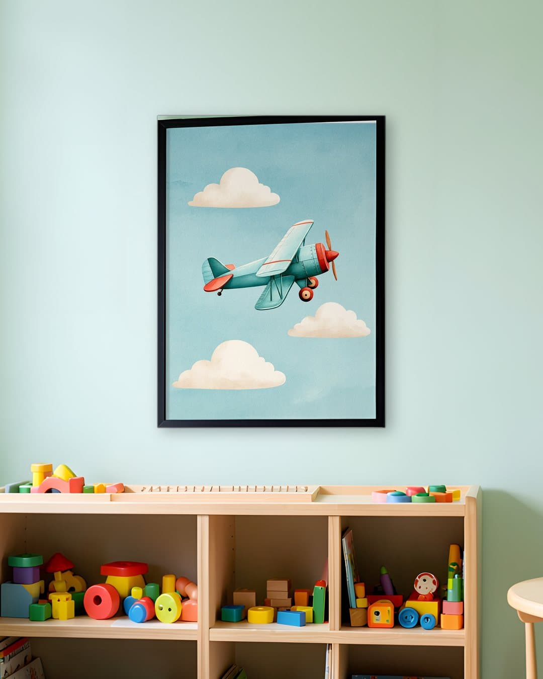 Bulutlar Arasında Turkuaz Uçak tablosu sınıf duvarında: 50 × 70 cm, siyah ahşap çerçeve