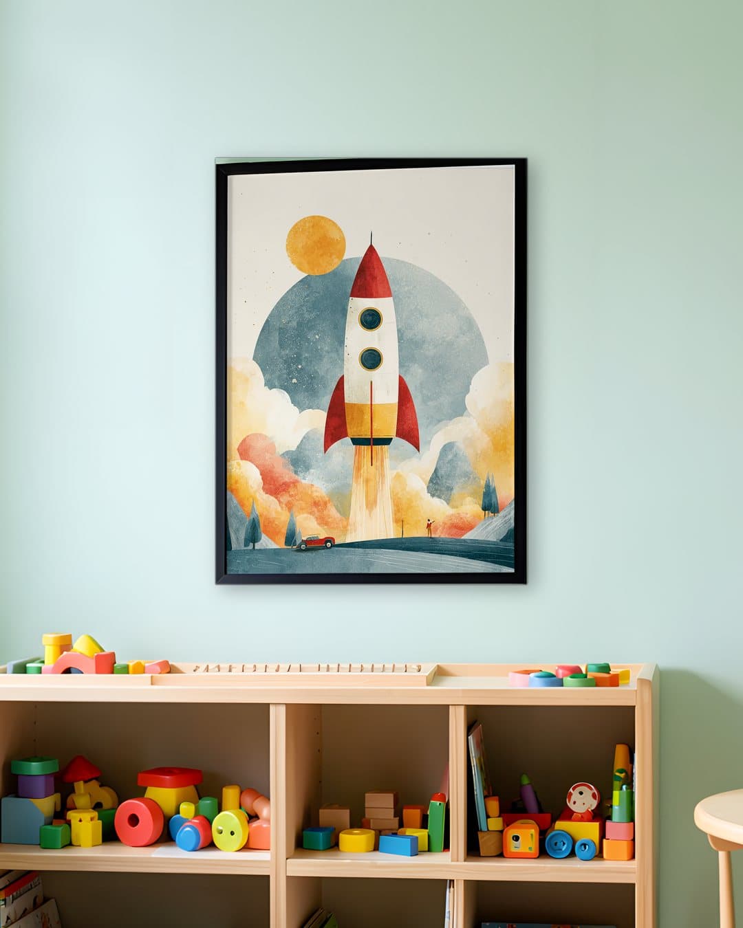 Kalkışa Geçen Roket tablosu sınıf duvarında: 50 × 70 cm, siyah ahşap çerçeve