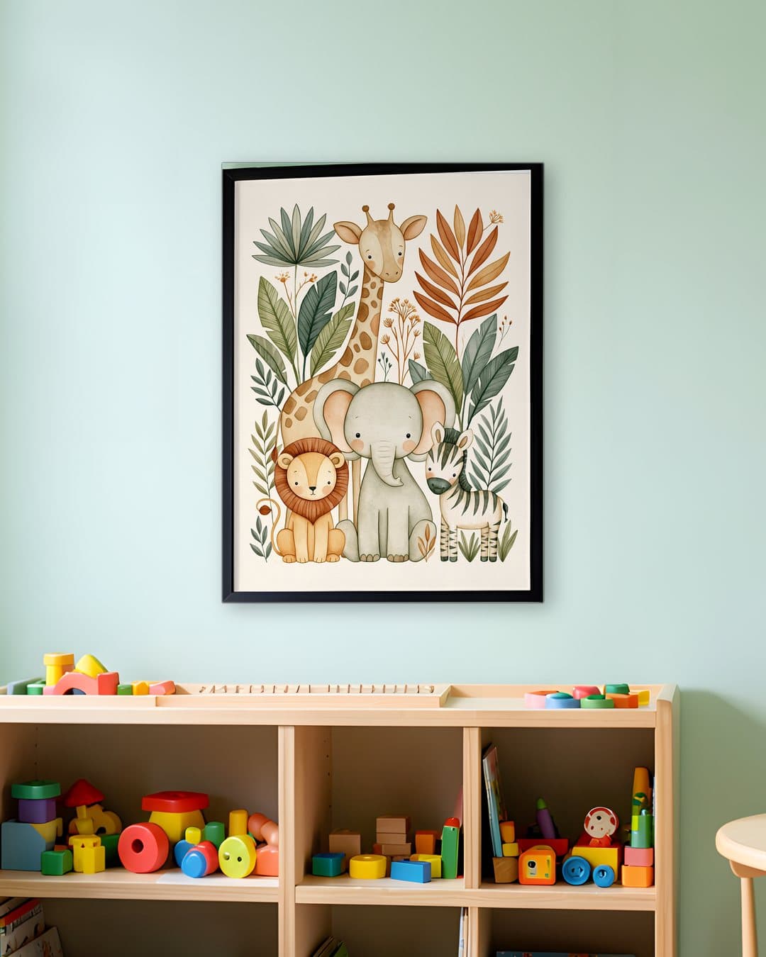 Sevimli Safari Dostları tablosu sınıf duvarında: 50 × 70 cm, siyah ahşap çerçeve