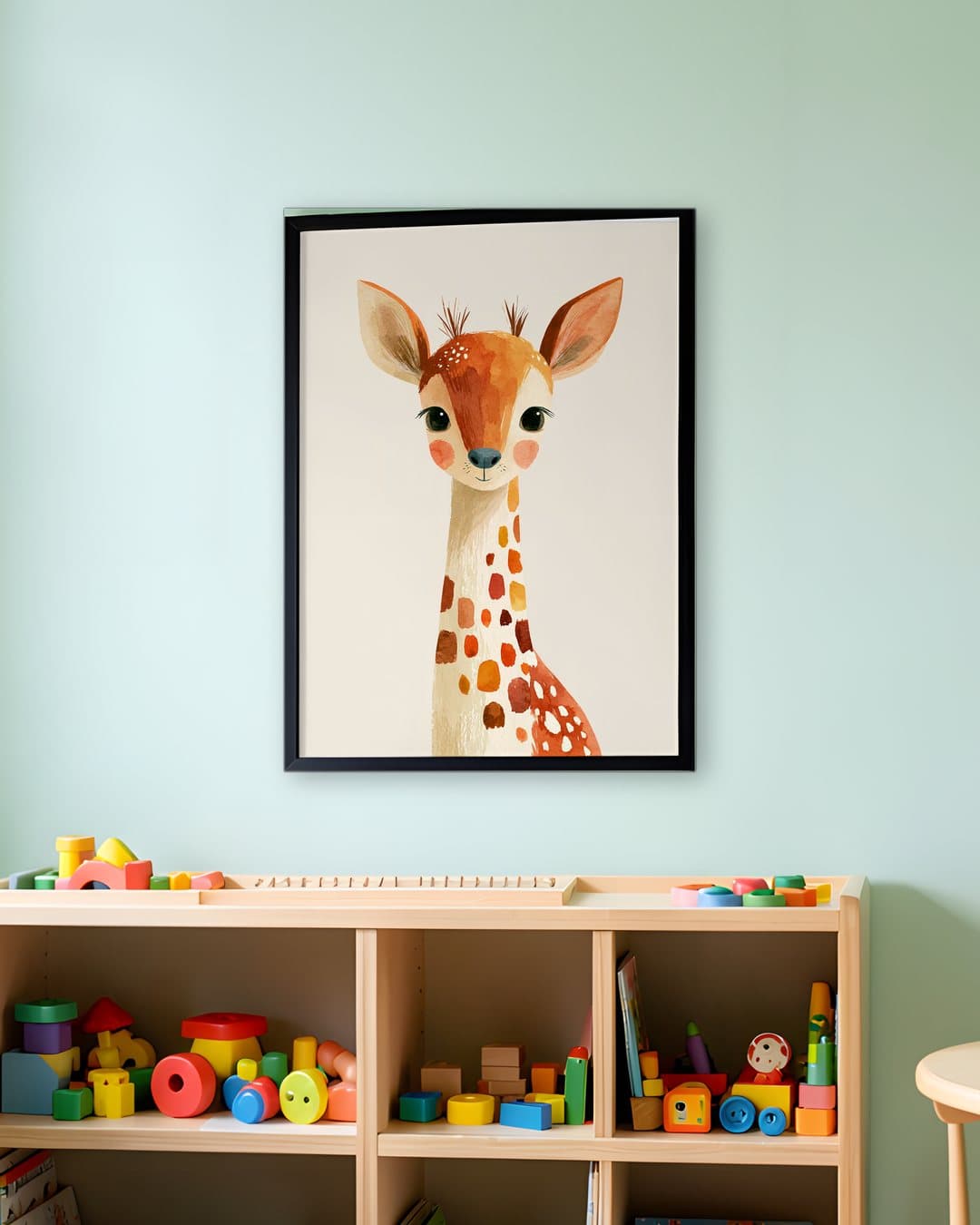 Sevimli Yavru Zürafa tablosu sınıf duvarında: 50 × 70 cm, siyah ahşap çerçeve