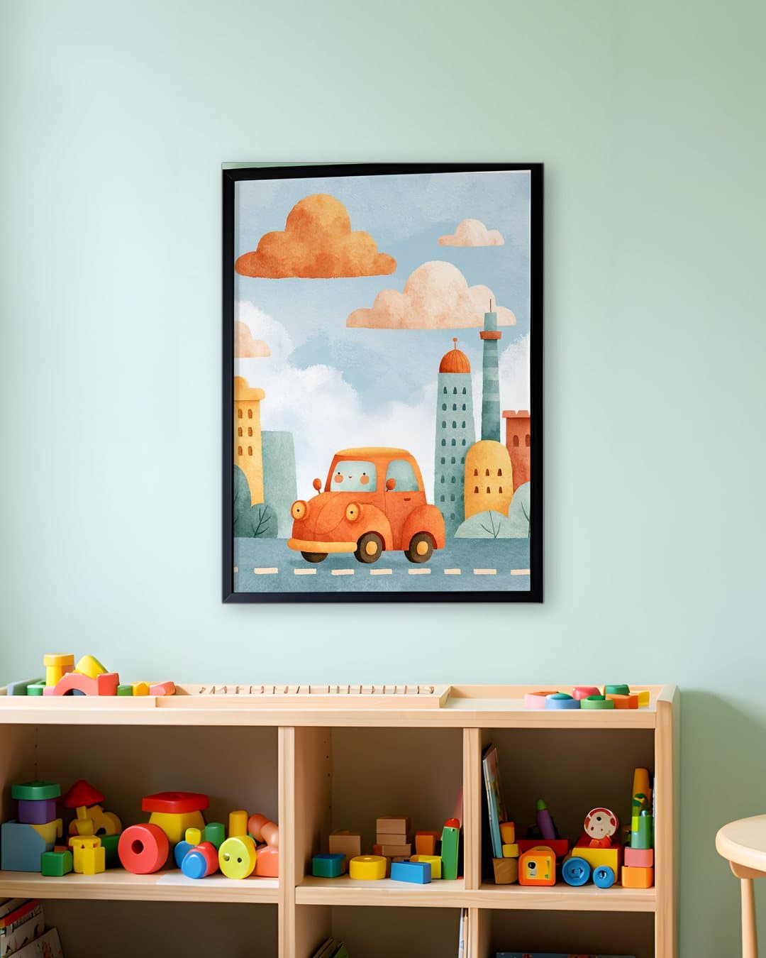 Turuncu Araba Şehirde tablosu sınıf duvarında: 50 × 70 cm, siyah ahşap çerçeve