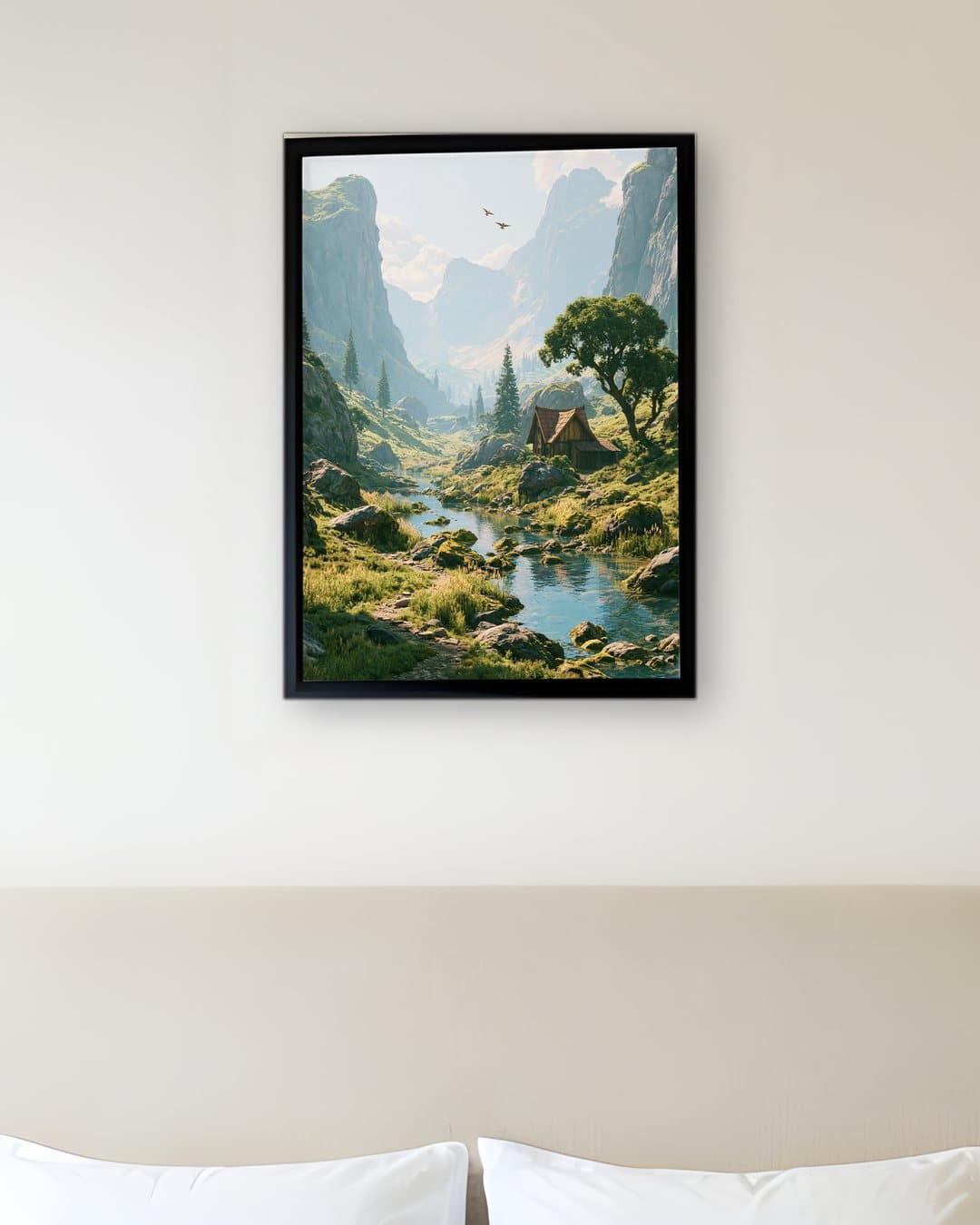 Yeşil Vadide Dağ Evi tablosu otel odası duvarında: 50 × 70 cm, siyah ahşap çerçeve