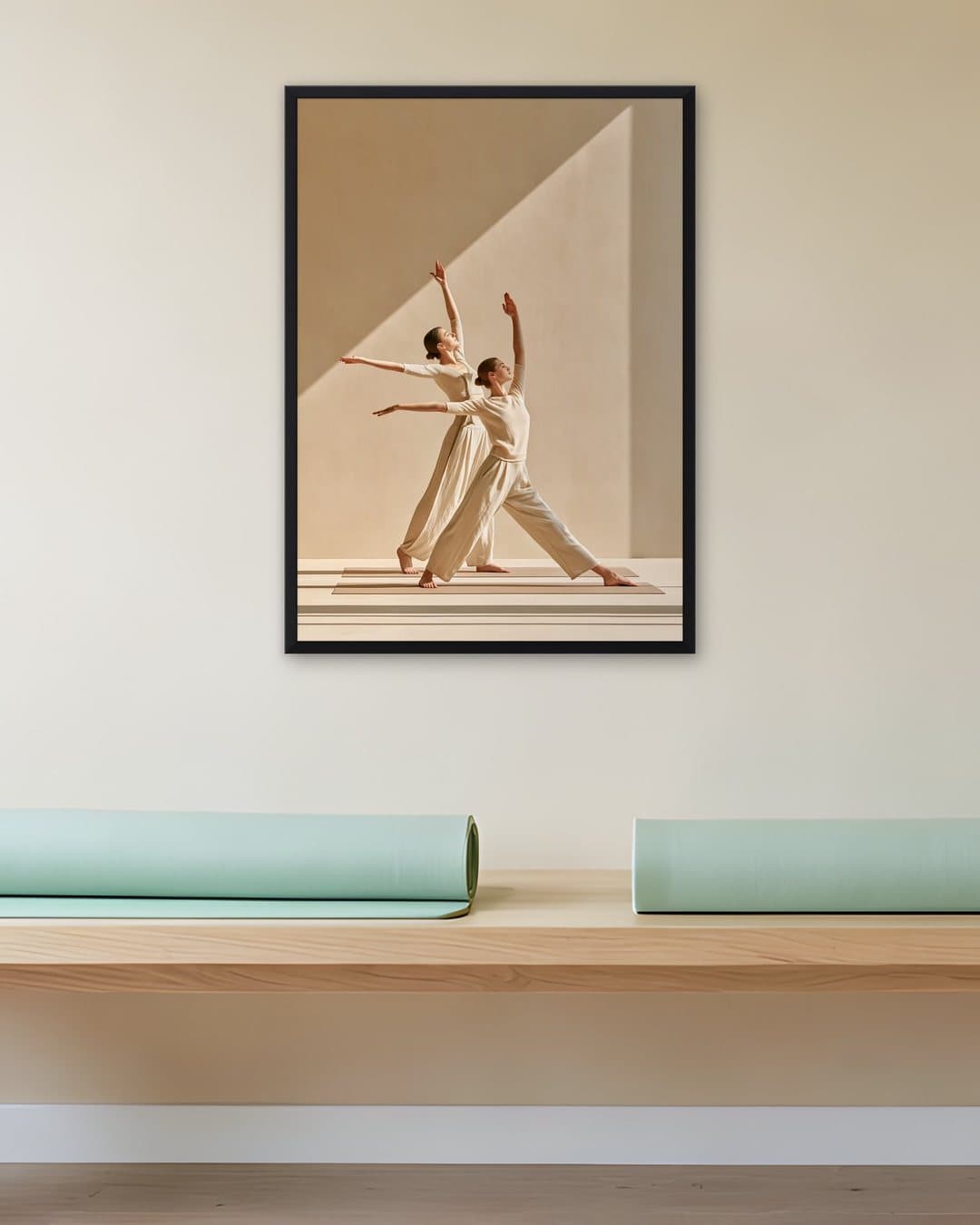 Bej Stüdyoda Senkron Esneme tablosu yoga stüdyosu duvarında: 50 × 70 cm, siyah ahşap çerçeve