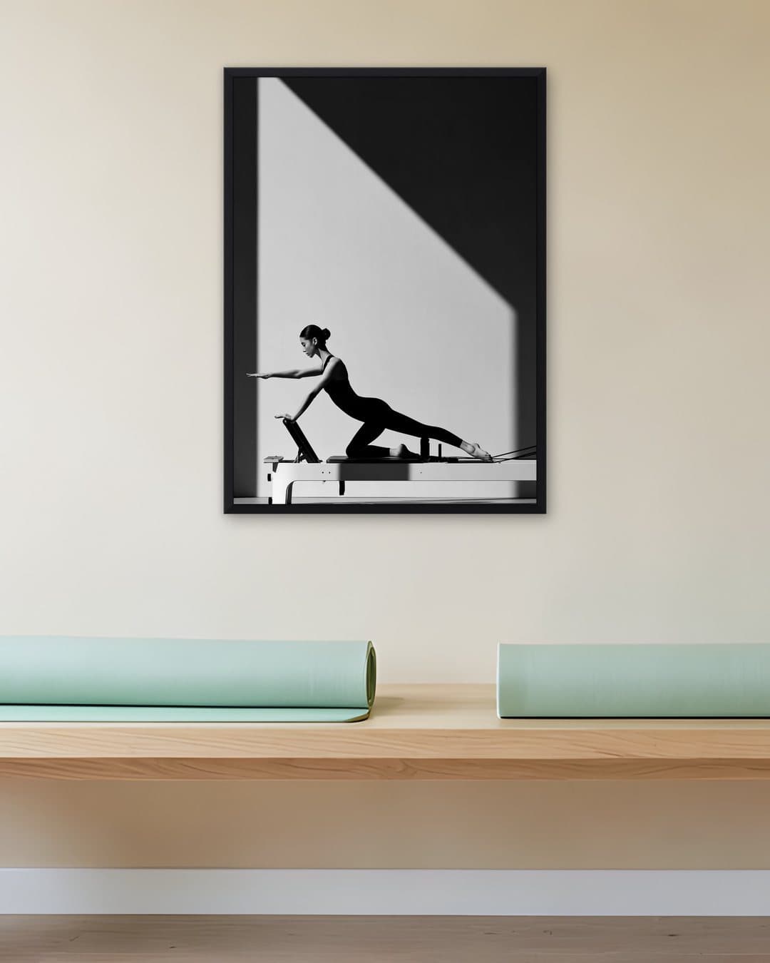 Reformer Pilates Siyah Beyaz tablosu yoga stüdyosu duvarında: 50 × 70 cm, siyah ahşap çerçeve