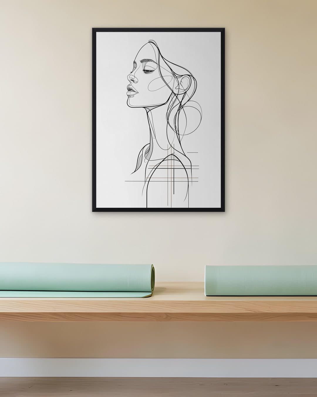 Tek Çizgi Kadın Portresi tablosu yoga stüdyosu duvarında: 50 × 70 cm, siyah ahşap çerçeve