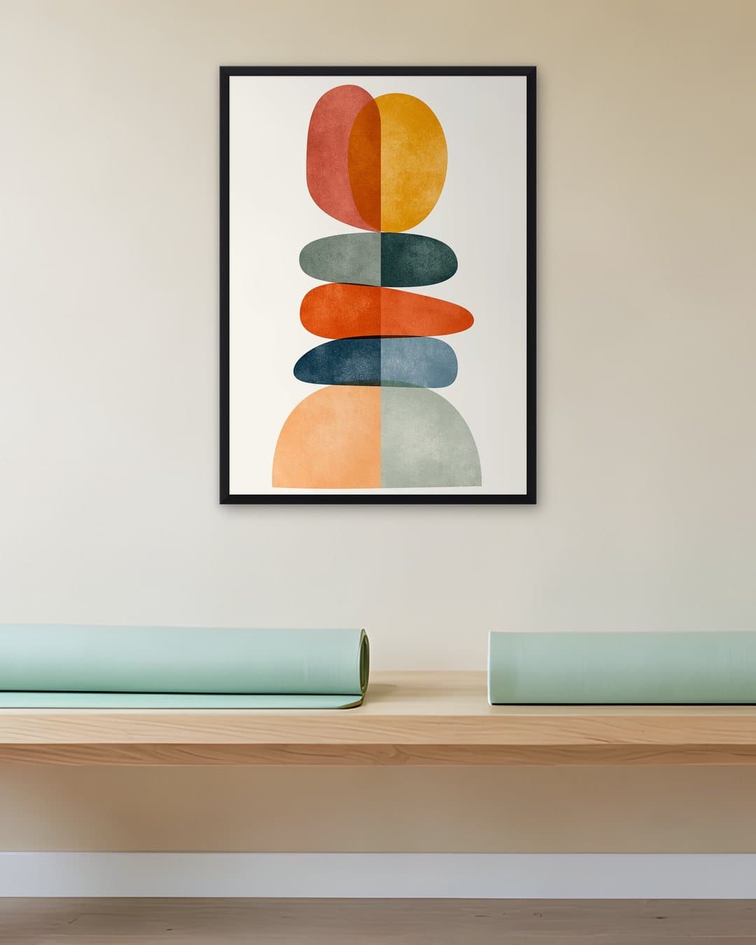 Turuncu ve Petrol Denge Taşları tablosu yoga stüdyosu duvarında: 50 × 70 cm, siyah ahşap çerçeve