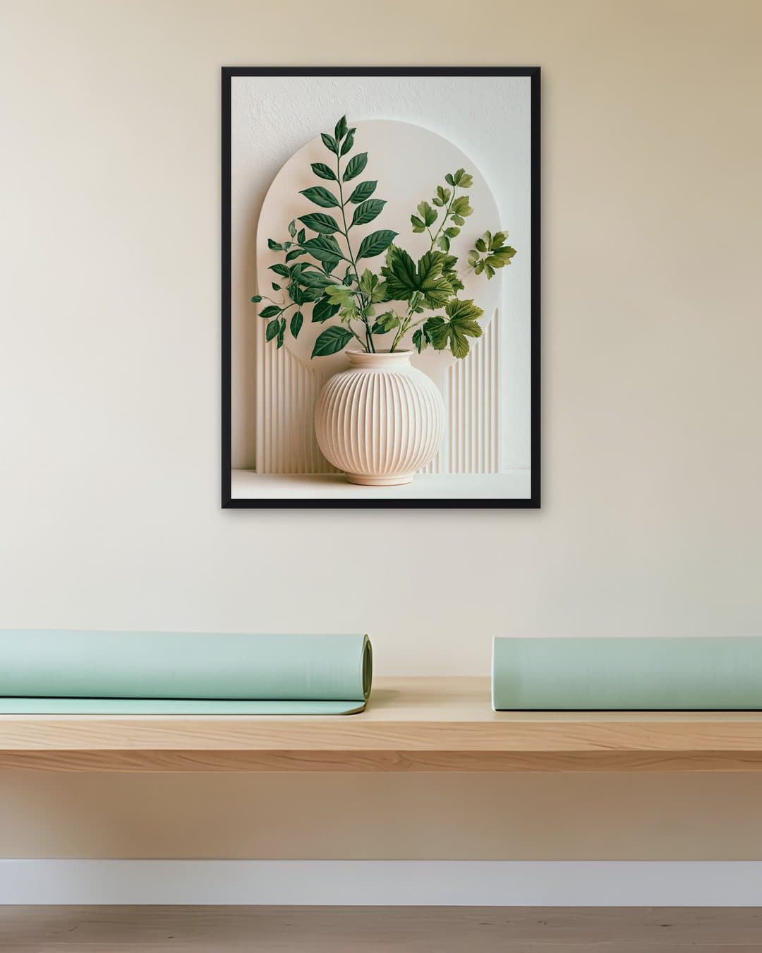 Yivli Vazoda Yeşil Dallar tablosu yoga stüdyosu duvarında: 50 × 70 cm, siyah ahşap çerçeve