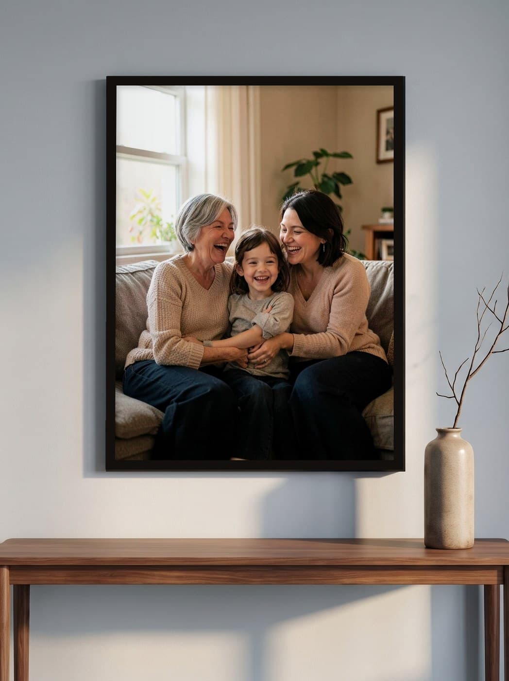 Üç kuşak aile fotoğrafından yapılmış kişiye özel tablo, salonda konsol üstünde