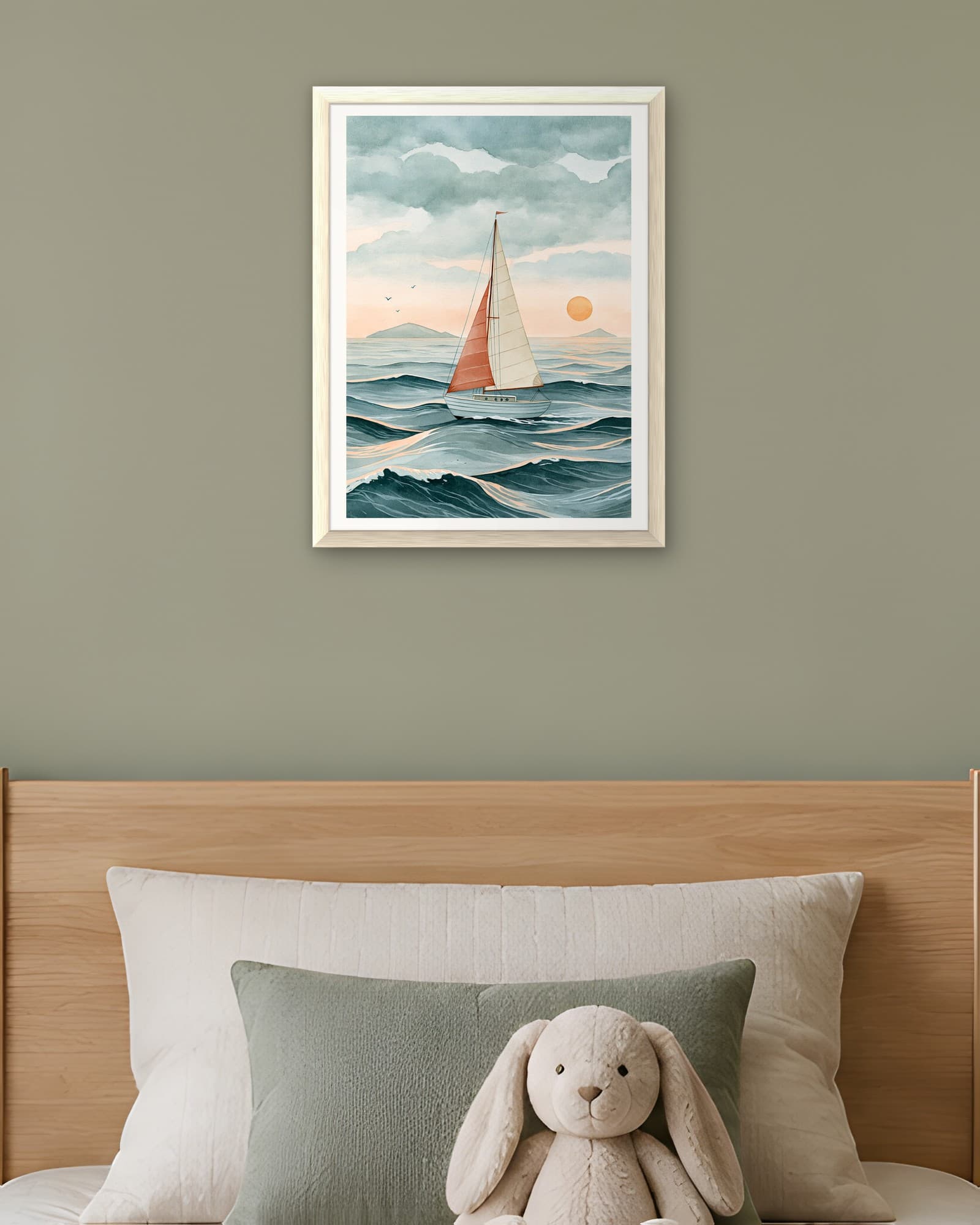 Açık Denizde Yelkenli — Çocuk Odası Duvar Tablosu, duvarda oda görünümü
