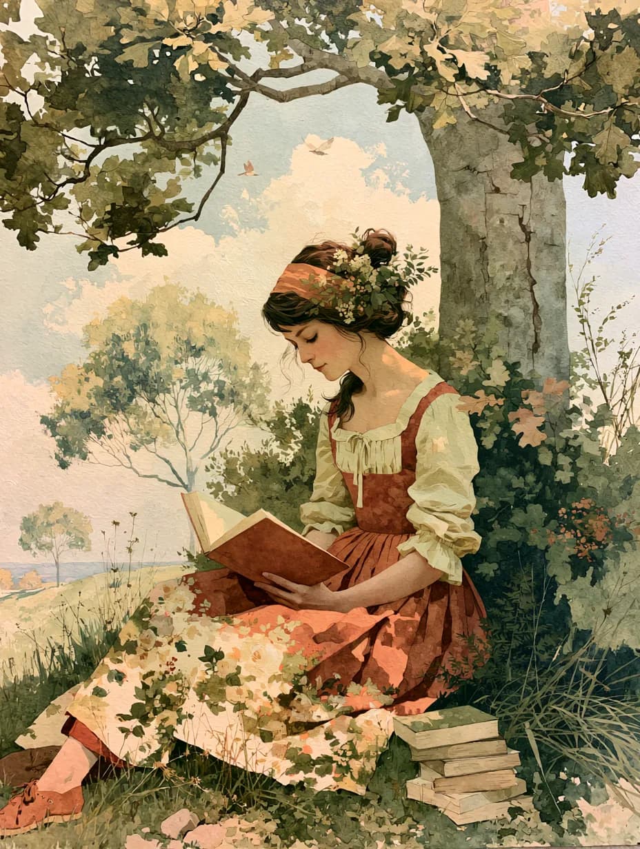 Ağaç Altında Kitap Okuyan Kadın — kır temalı UV baskı tablo