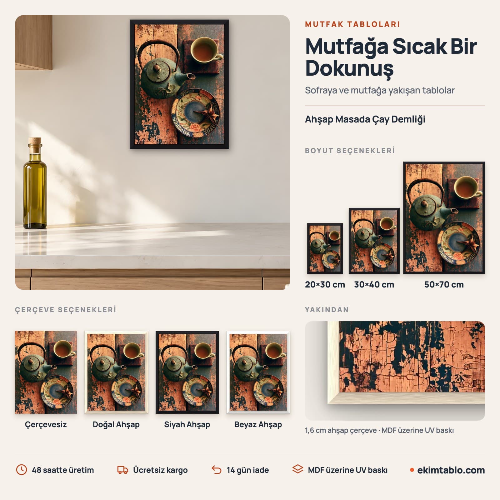 Ahşap Masada Çay Demliği — boyut ve çerçeve seçenekleri