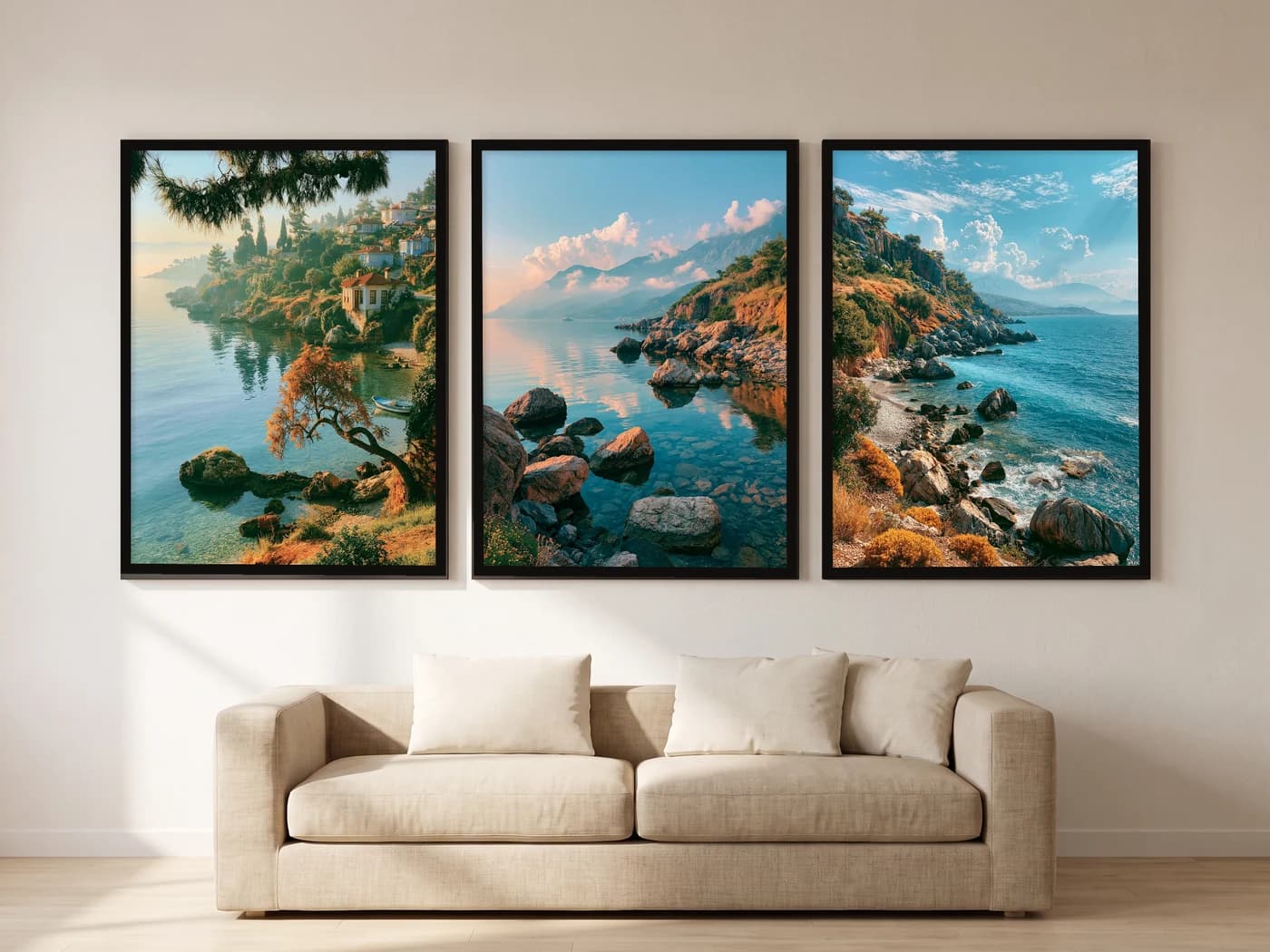 Akdeniz Kıyısı 3'lü Set — Tablo Seti, duvarda oda görünümü
