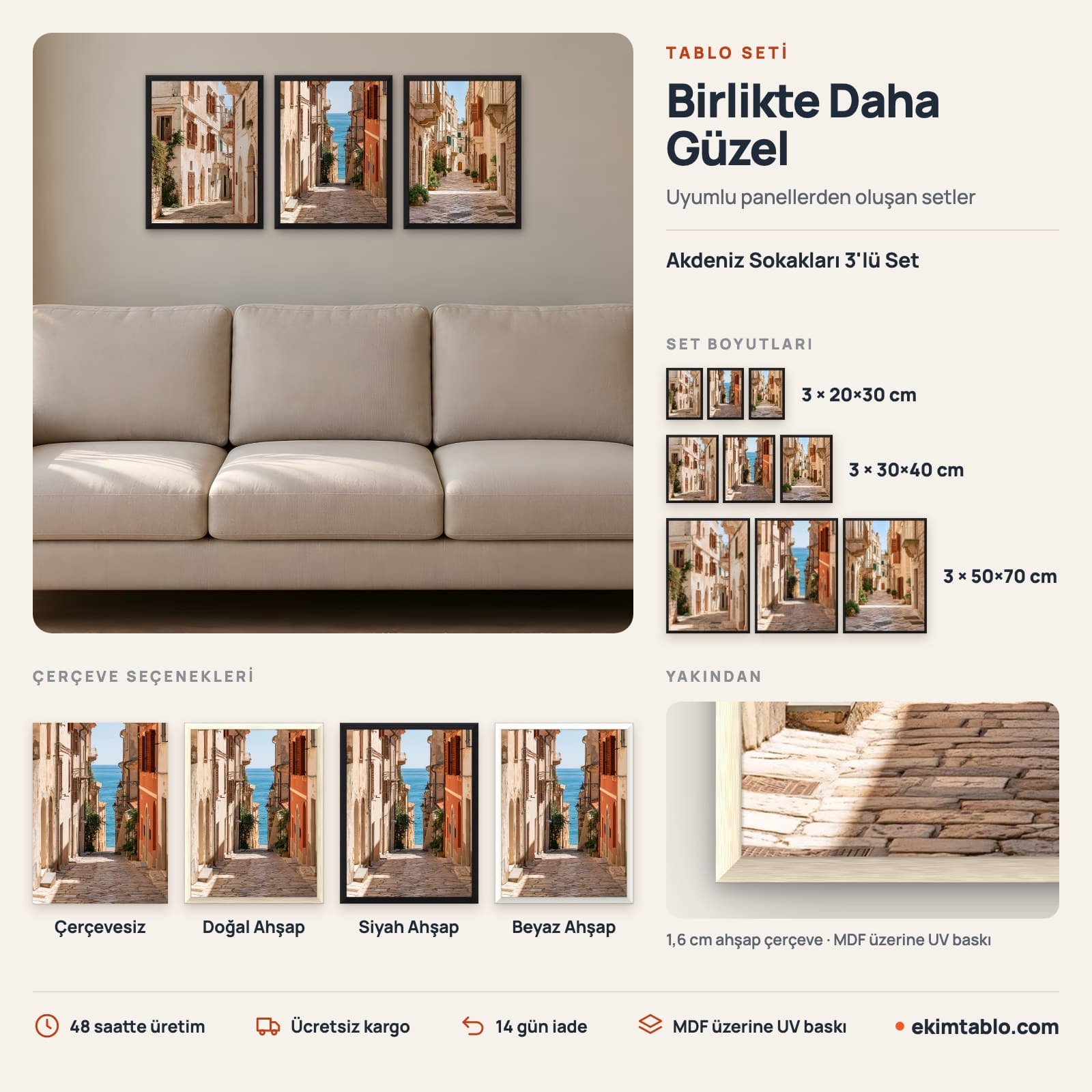 Akdeniz Sokakları 3'lü Set — boyut ve çerçeve seçenekleri