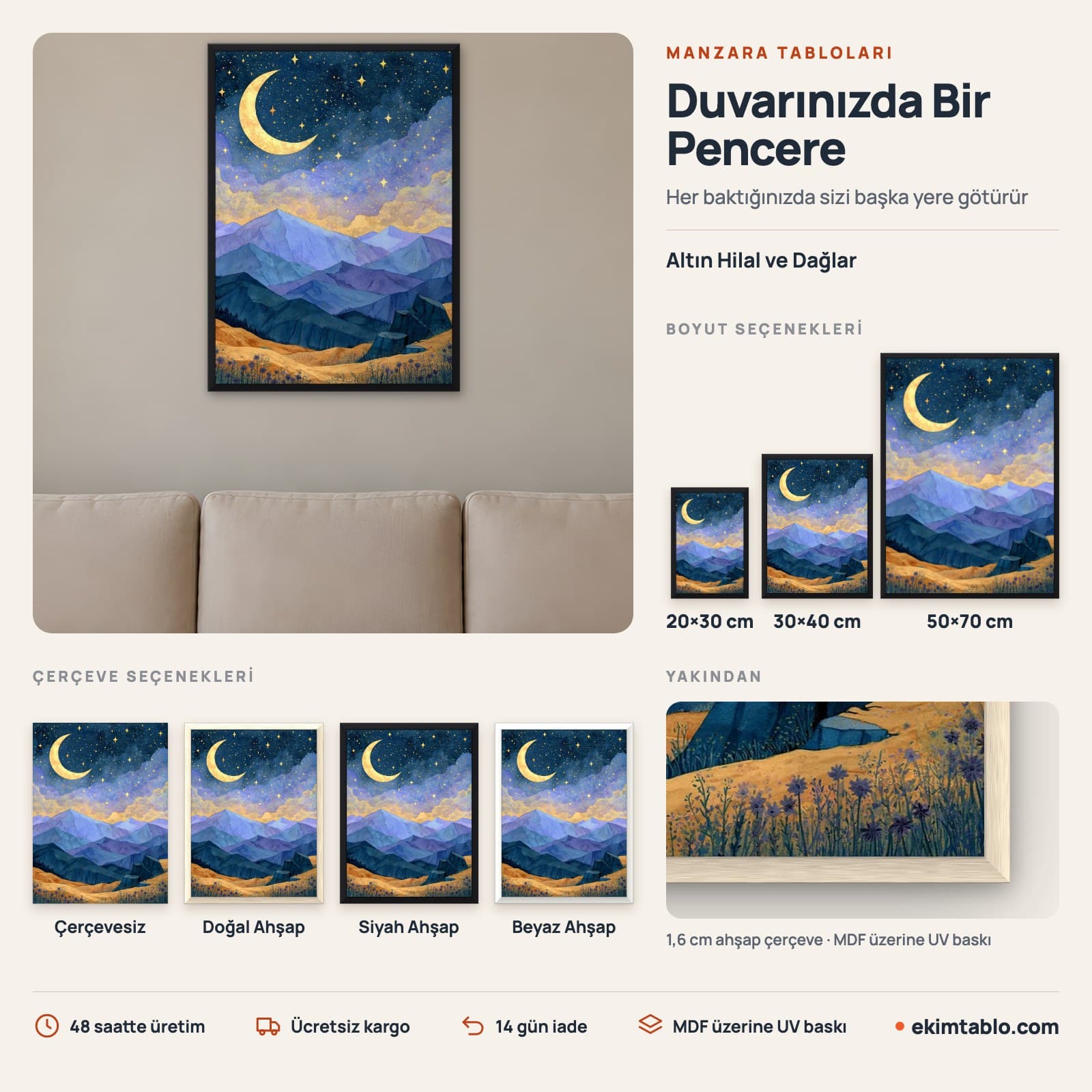 Altın Hilal ve Dağlar — boyut ve çerçeve seçenekleri