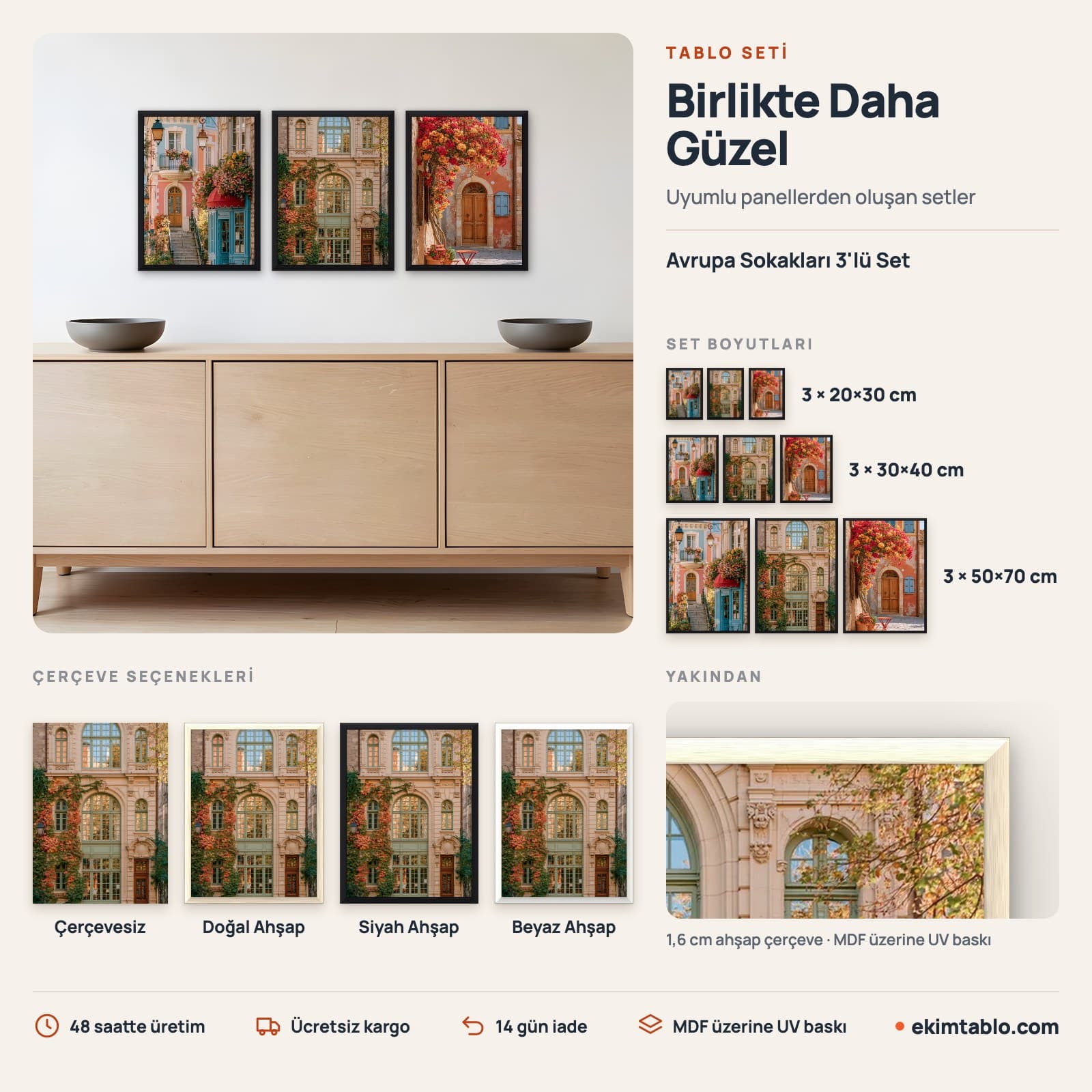 Avrupa Sokakları 3'lü Set — boyut ve çerçeve seçenekleri