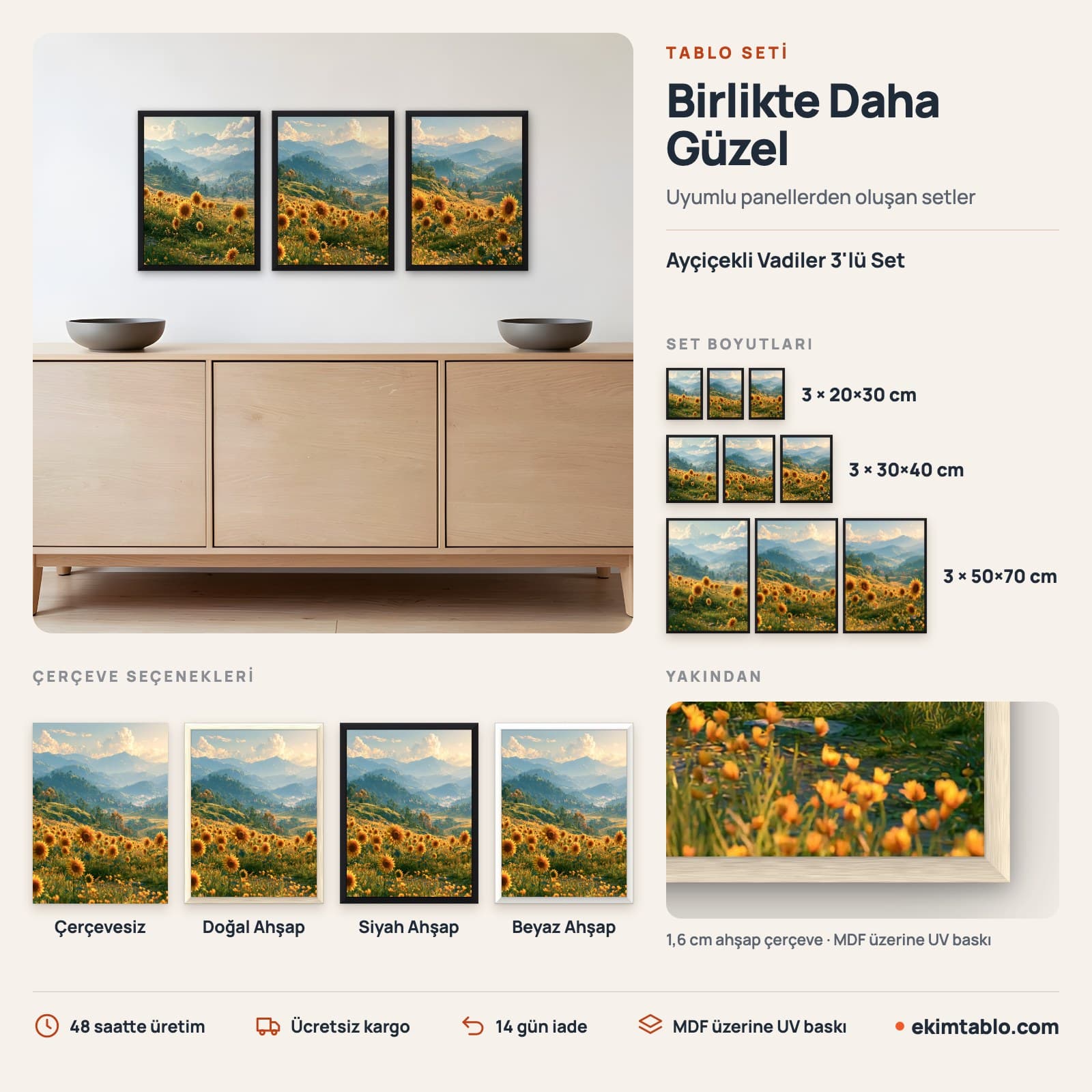Ayçiçekli Vadiler 3'lü Set — boyut ve çerçeve seçenekleri