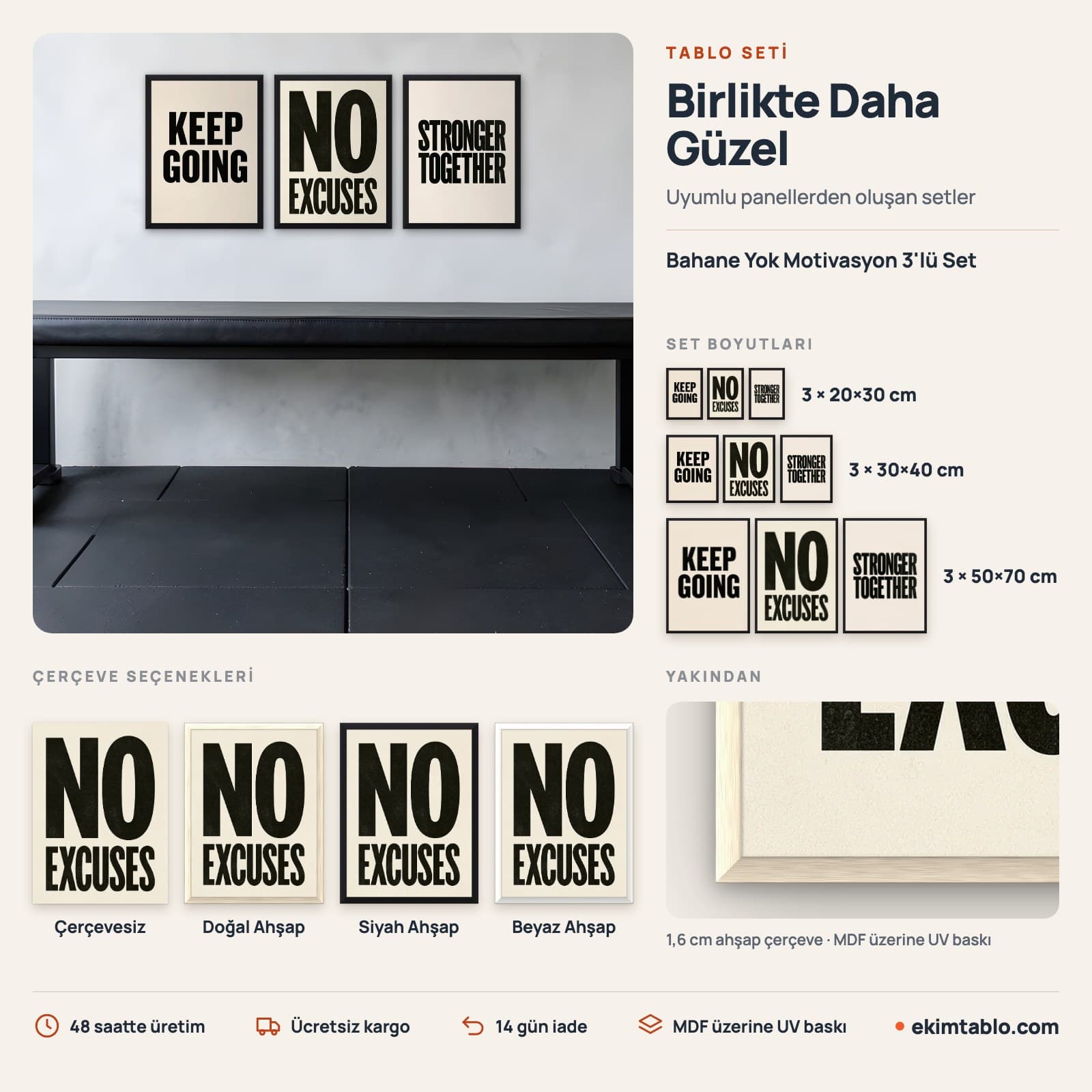 Bahane Yok Motivasyon 3'lü Set — boyut ve çerçeve seçenekleri