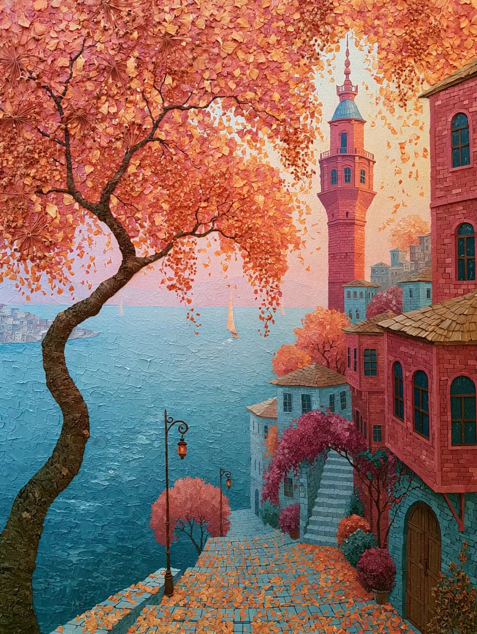 Bahar Ağacı ve Sahil Kulesi — istanbul temalı UV baskı tablo