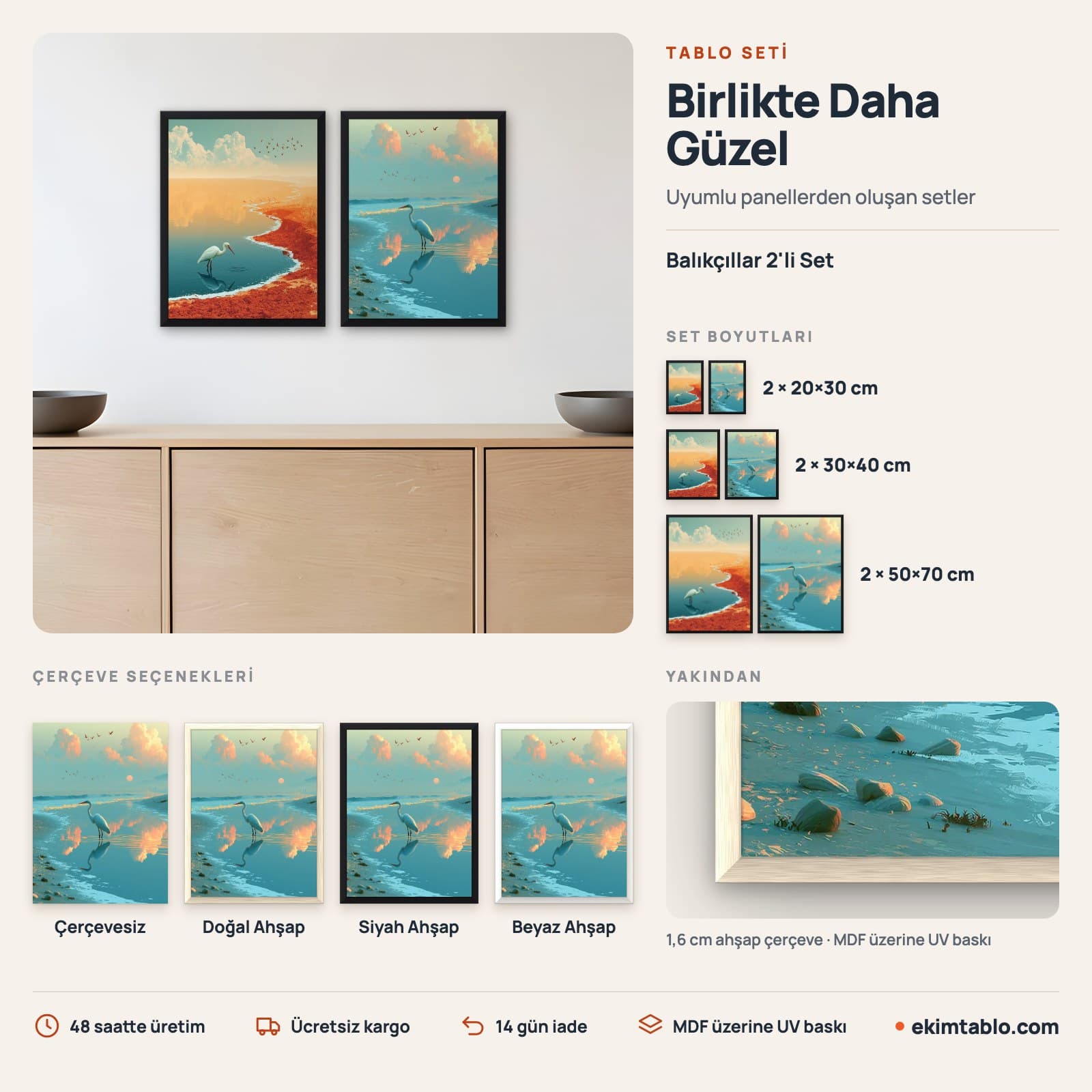 Balıkçıllar 2'li Set — boyut ve çerçeve seçenekleri