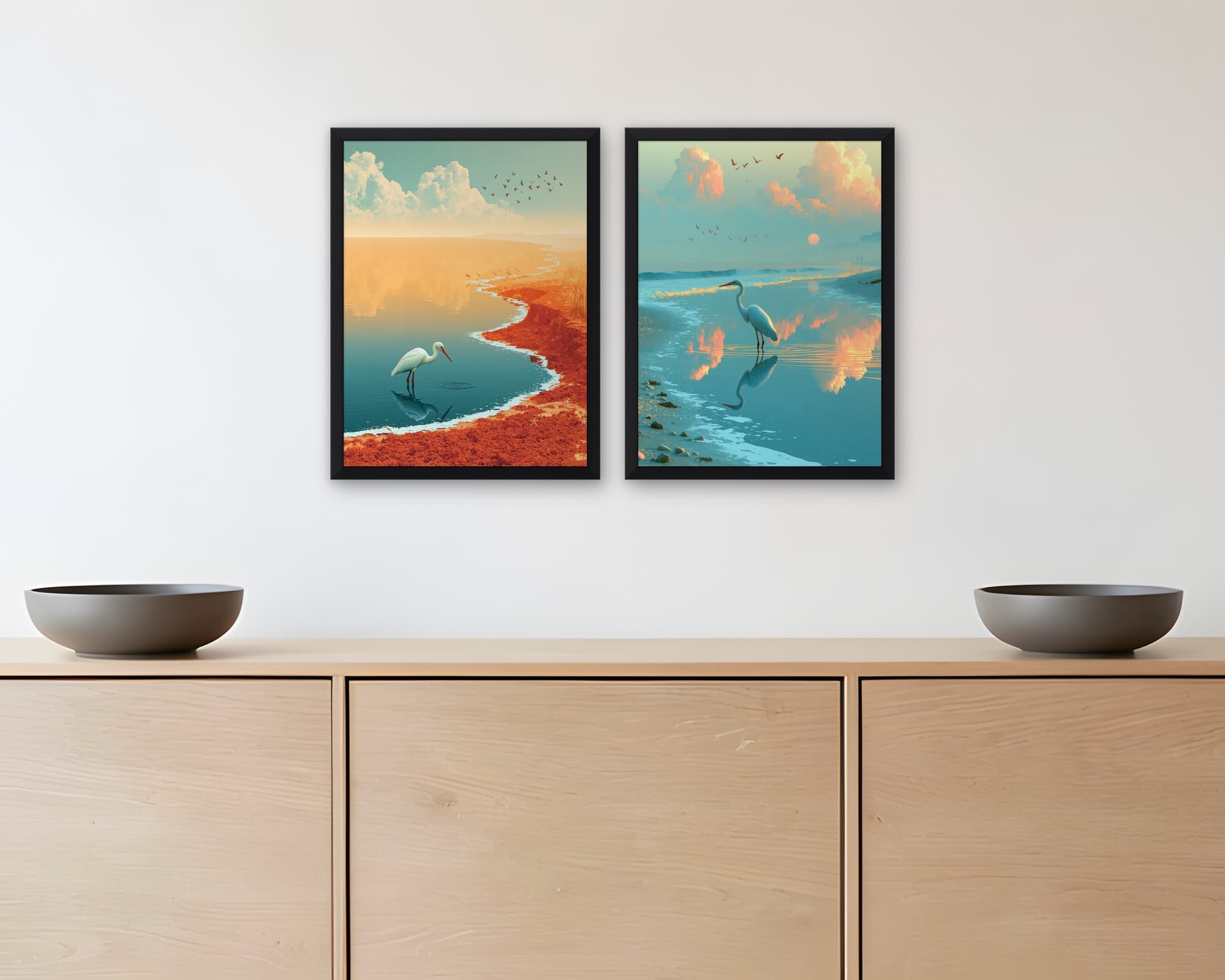 Balıkçıllar 2'li Set — Tablo Seti, duvarda oda görünümü