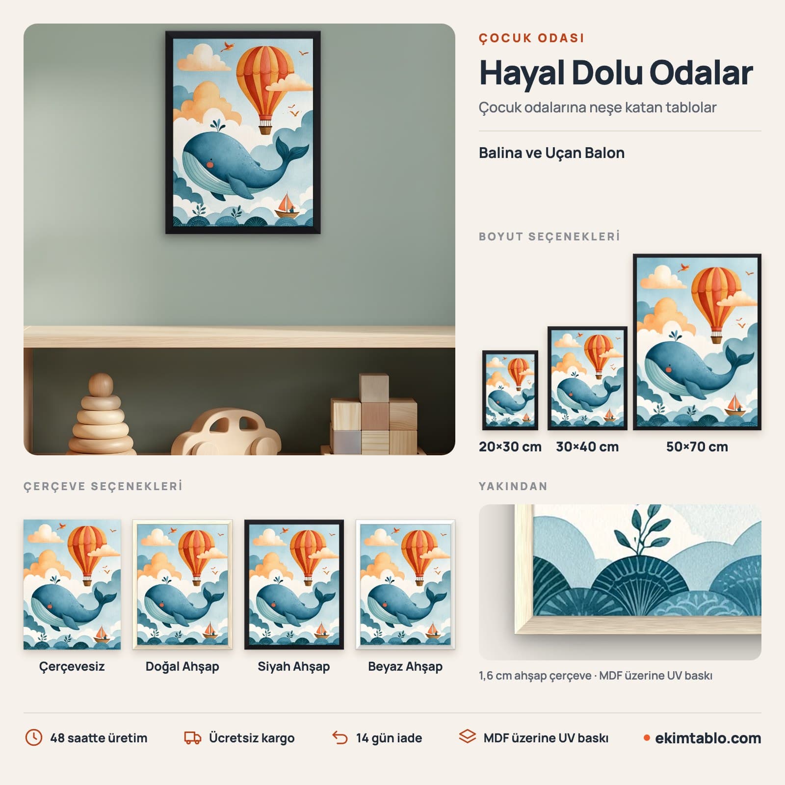 Balina ve Uçan Balon — boyut ve çerçeve seçenekleri