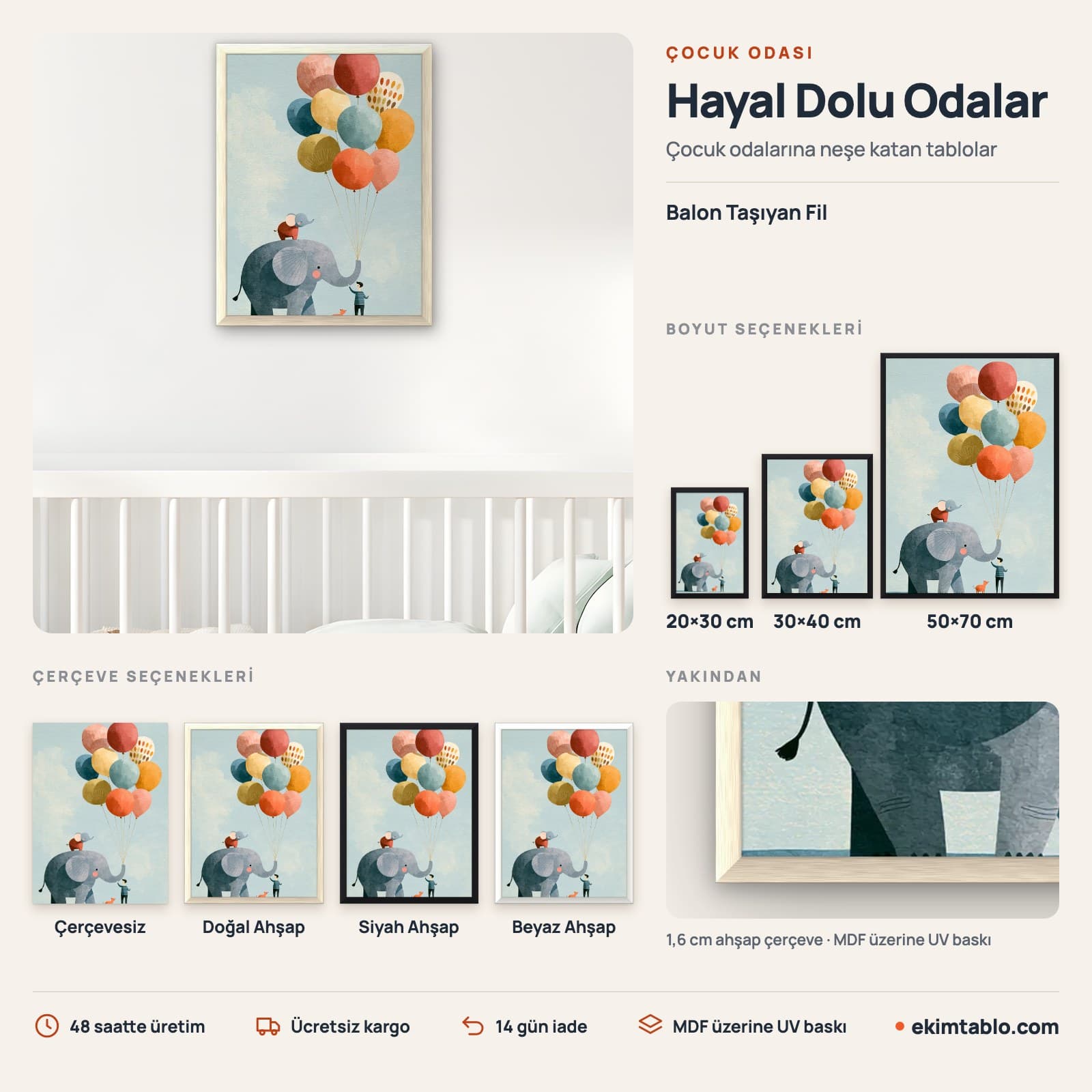 Balon Taşıyan Fil — boyut ve çerçeve seçenekleri