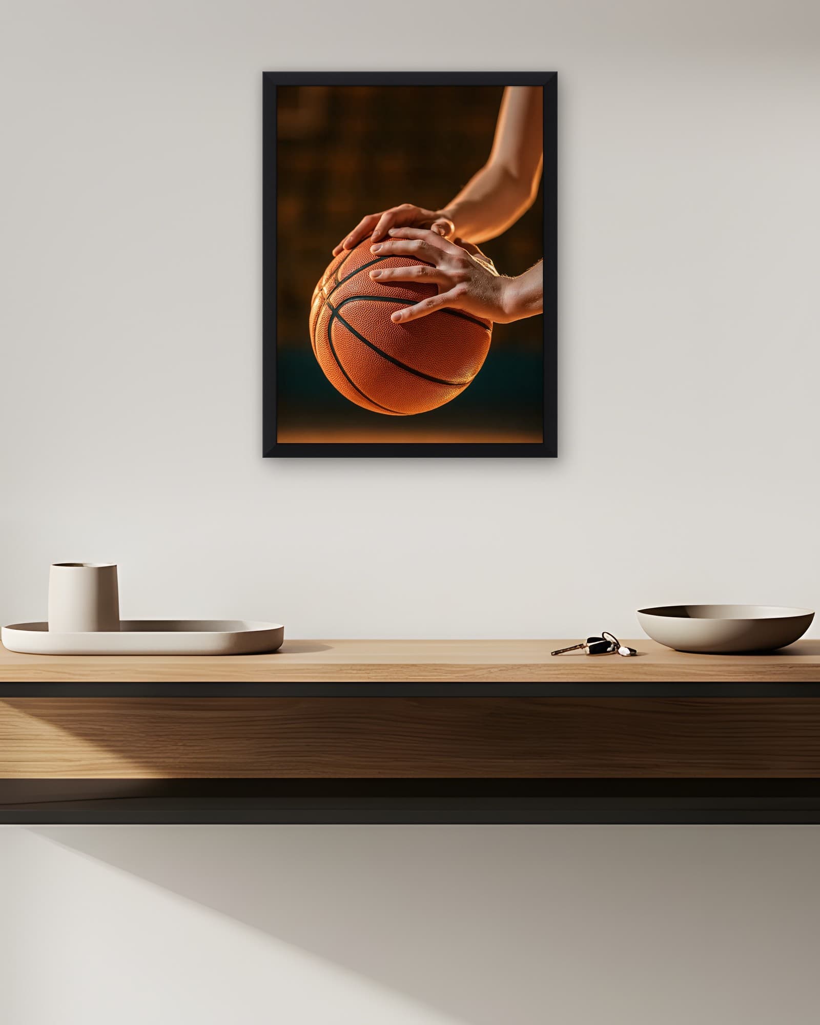 Basketbol Topunu Kavrayan Eller — Basketbol Tablosu, duvarda oda görünümü