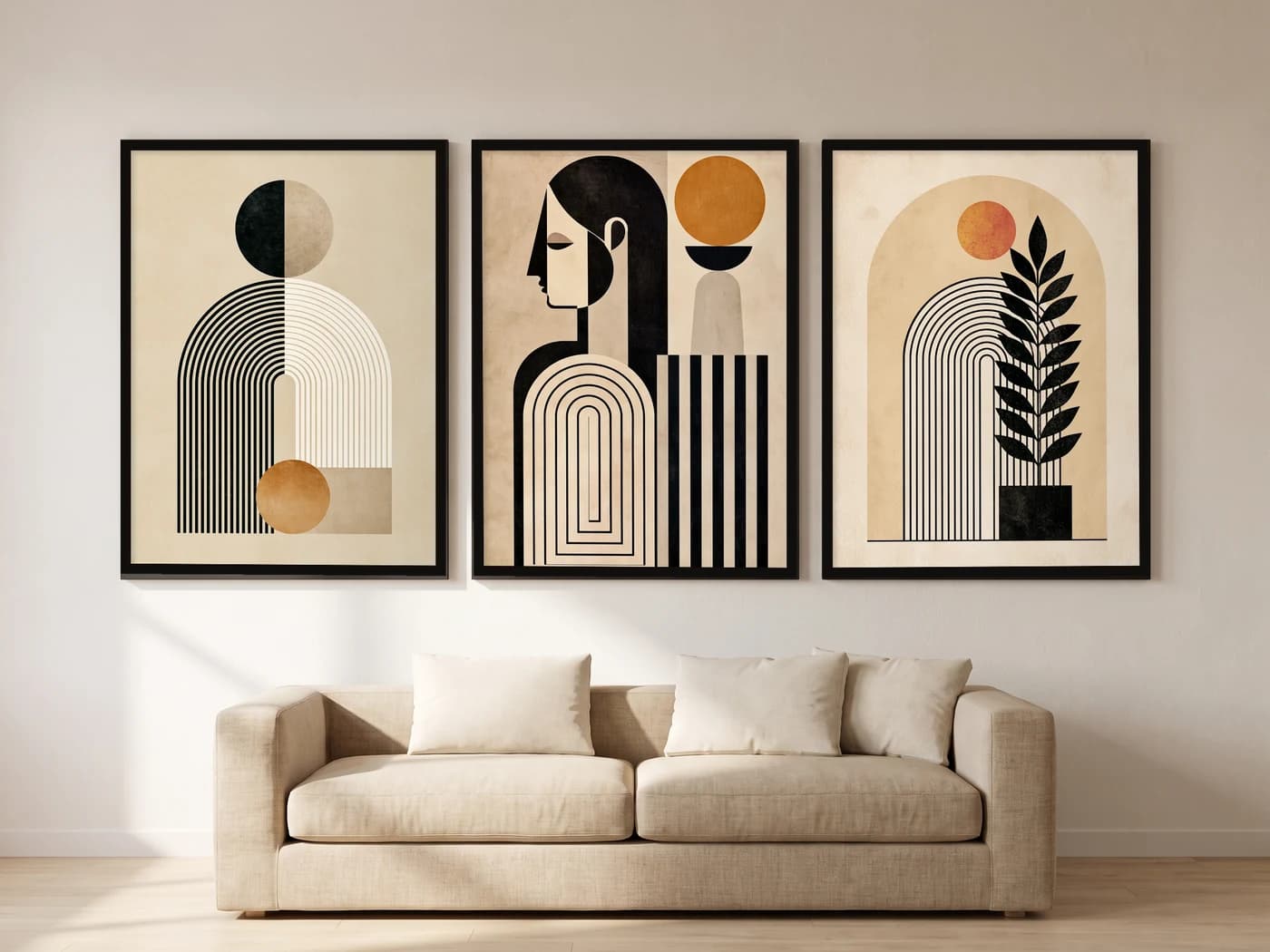 Bauhaus Geometri 3'lü Set — Tablo Seti, duvarda oda görünümü