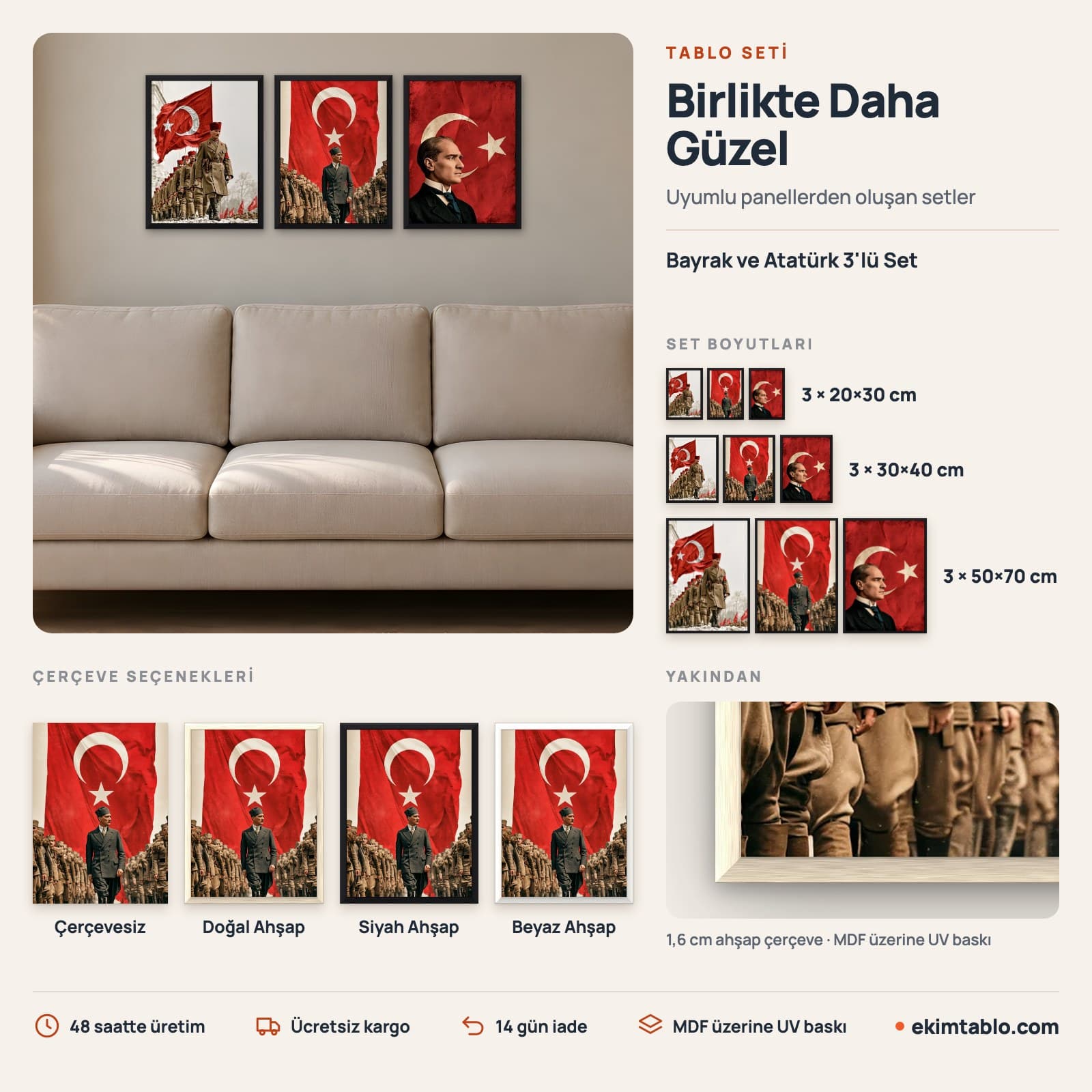 Bayrak ve Atatürk 3'lü Set — boyut ve çerçeve seçenekleri