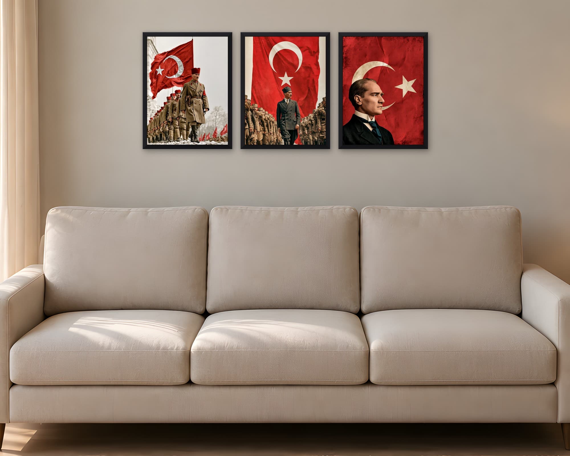 Bayrak ve Atatürk 3'lü Set — Tablo Seti, duvarda oda görünümü