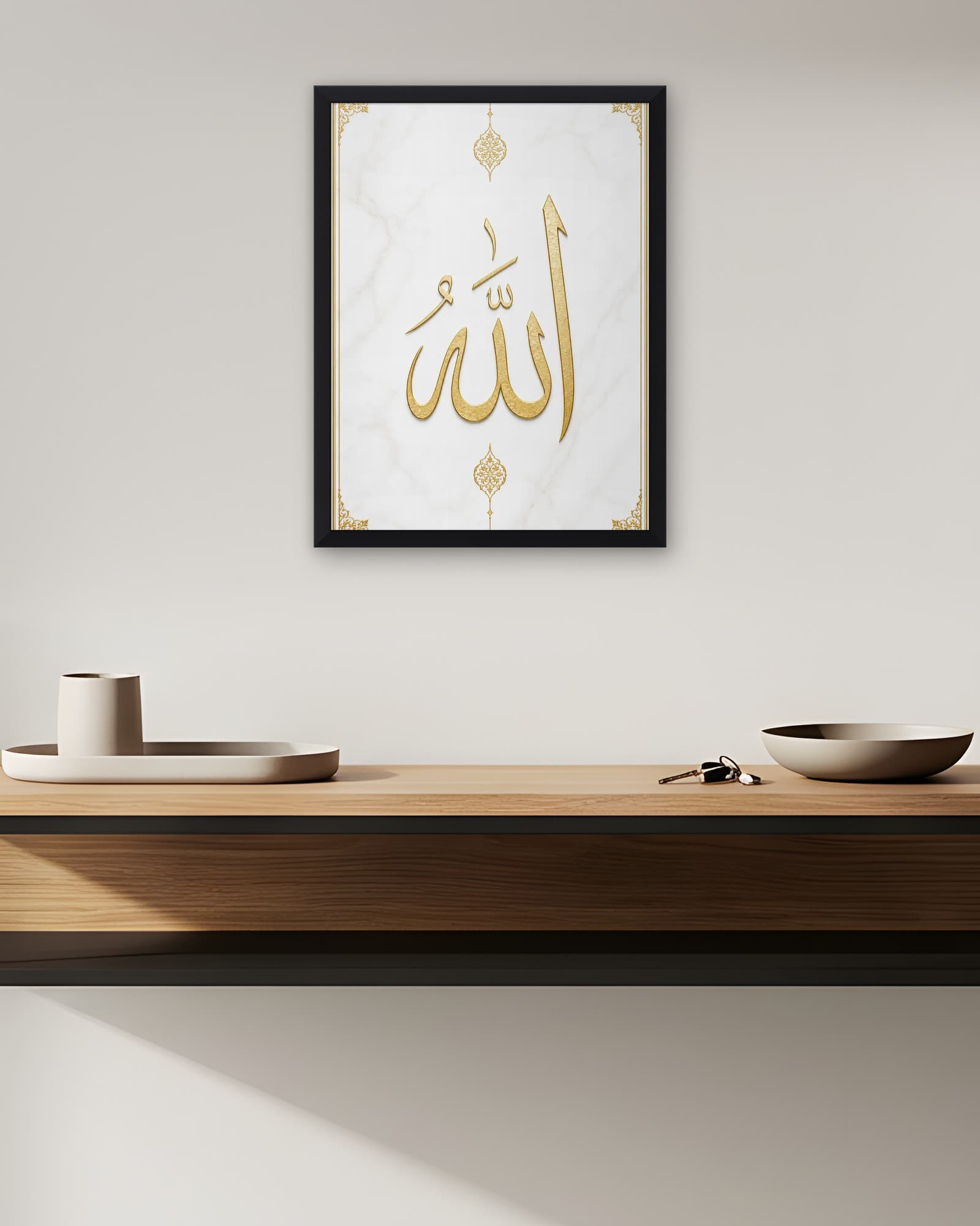 Beyaz Mermer Üzerine Allah Lafzı — Dini Duvar Tablosu, duvarda oda görünümü