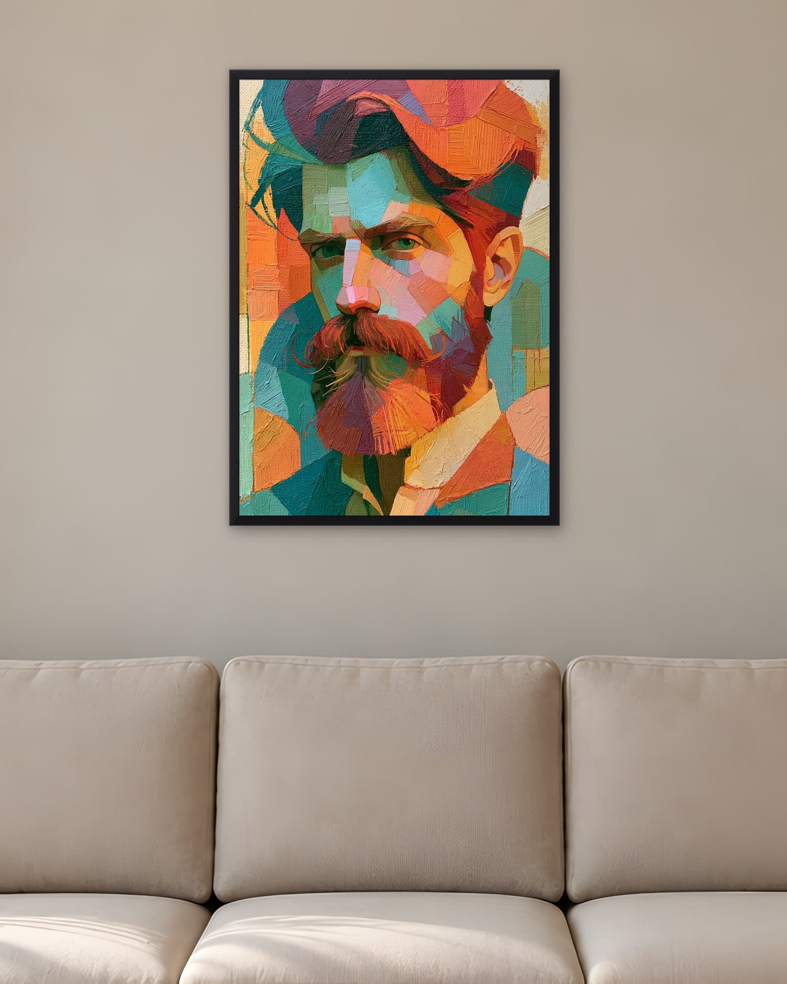 Bıyıklı Adam Mozaik Portre — Modern Sanat Duvar Tablosu, duvarda oda görünümü