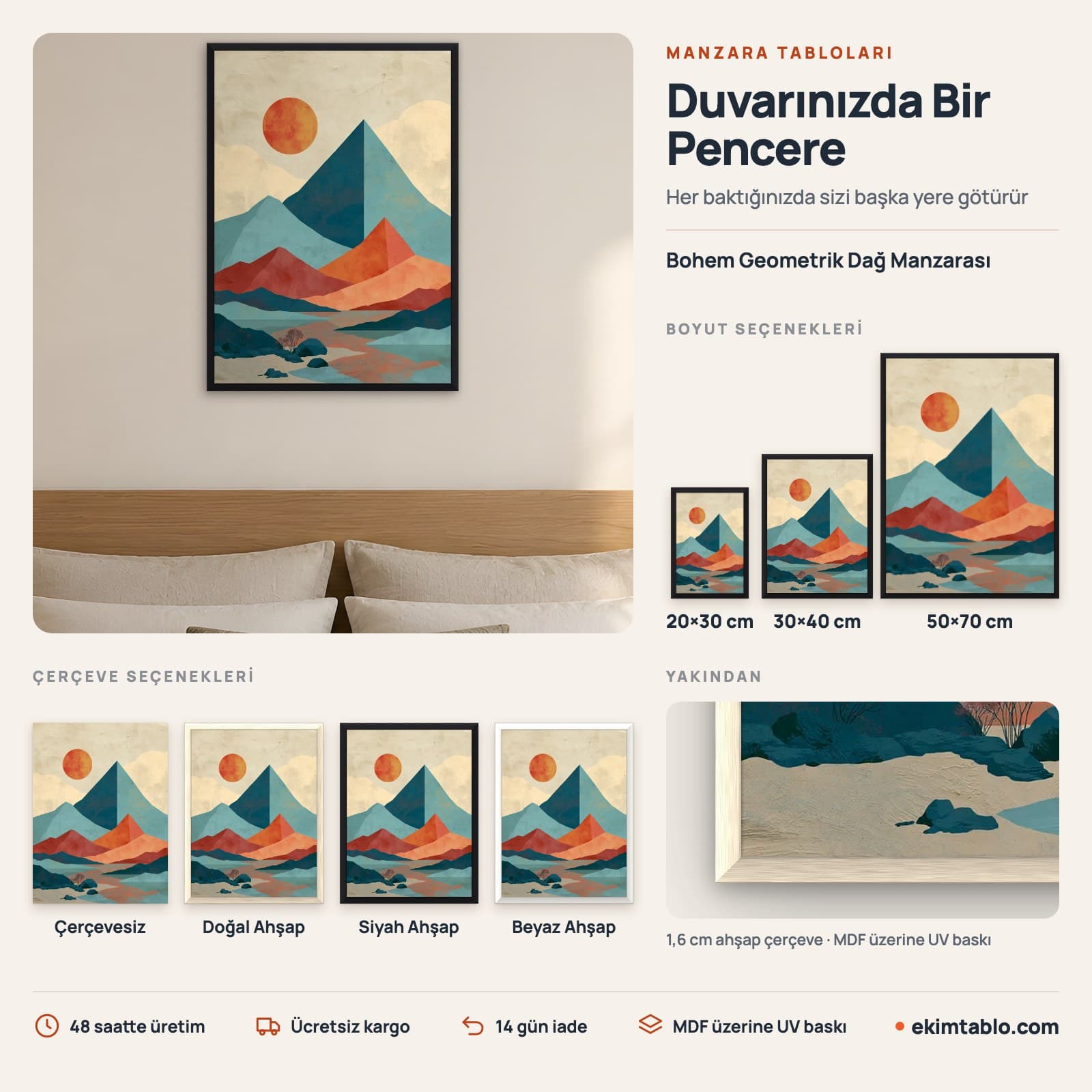 Bohem Geometrik Dağ Manzarası — boyut ve çerçeve seçenekleri