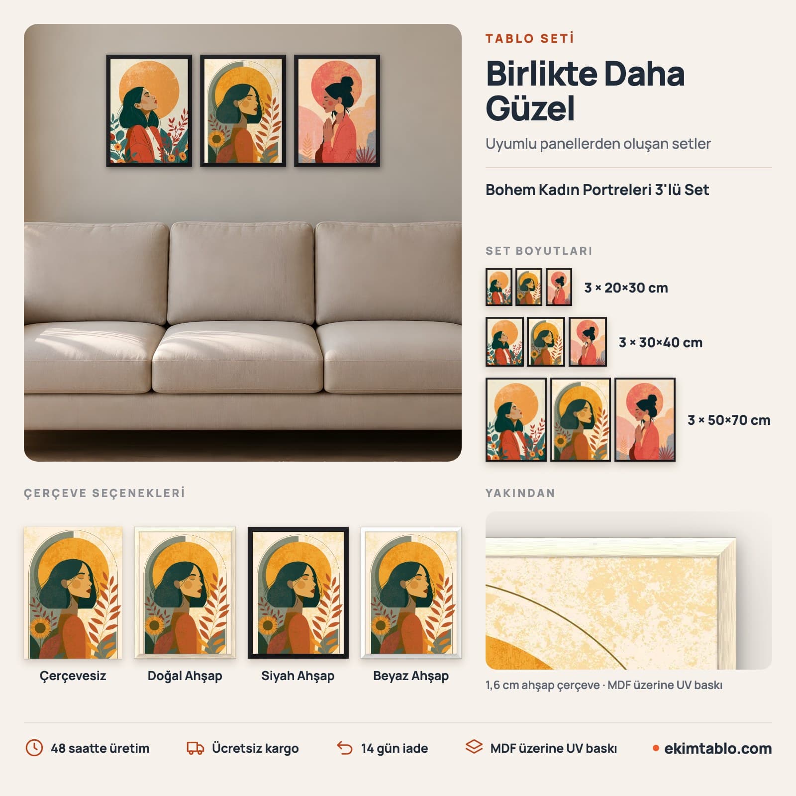 Bohem Kadın Portreleri 3'lü Set — boyut ve çerçeve seçenekleri