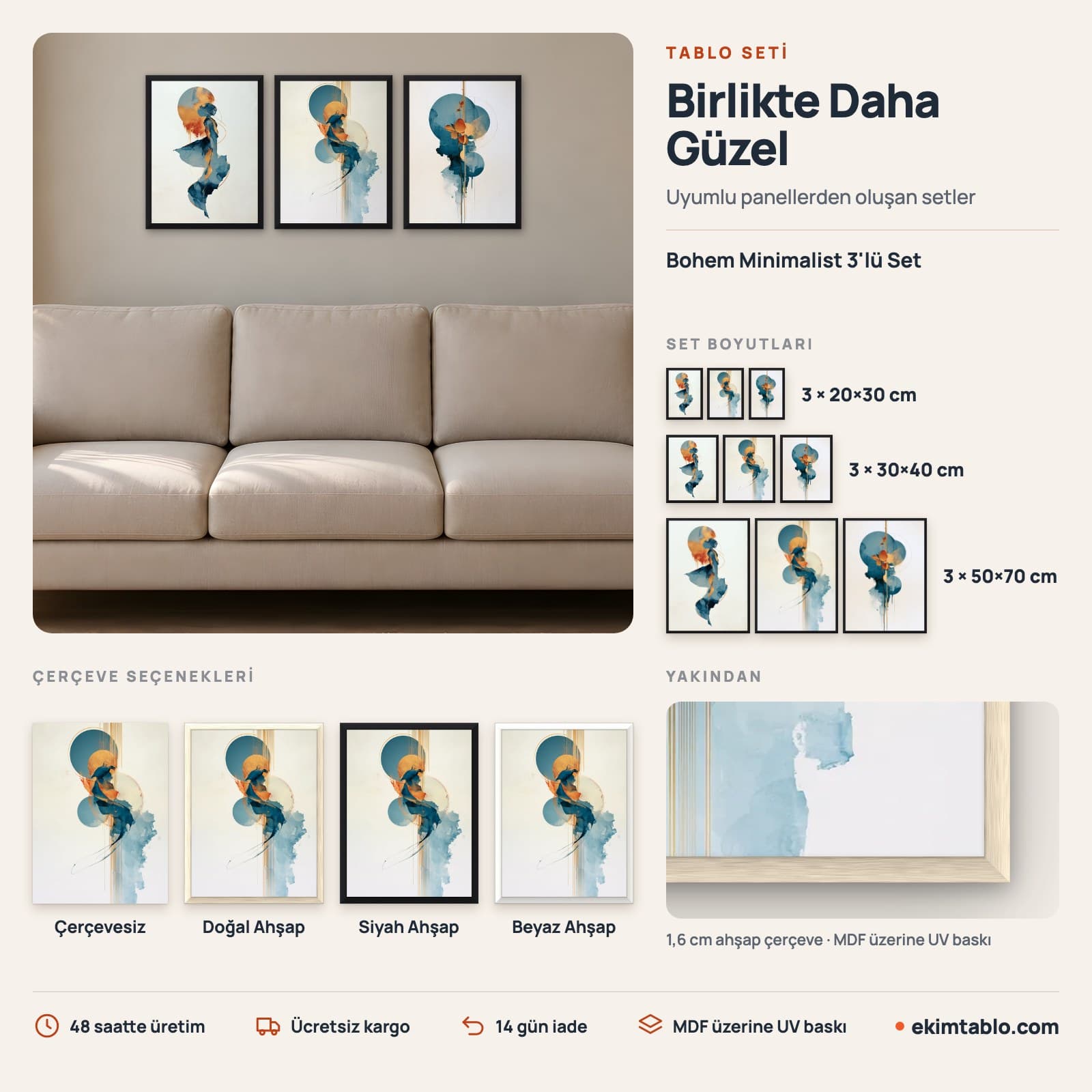 Bohem Minimalist 3'lü Set — boyut ve çerçeve seçenekleri