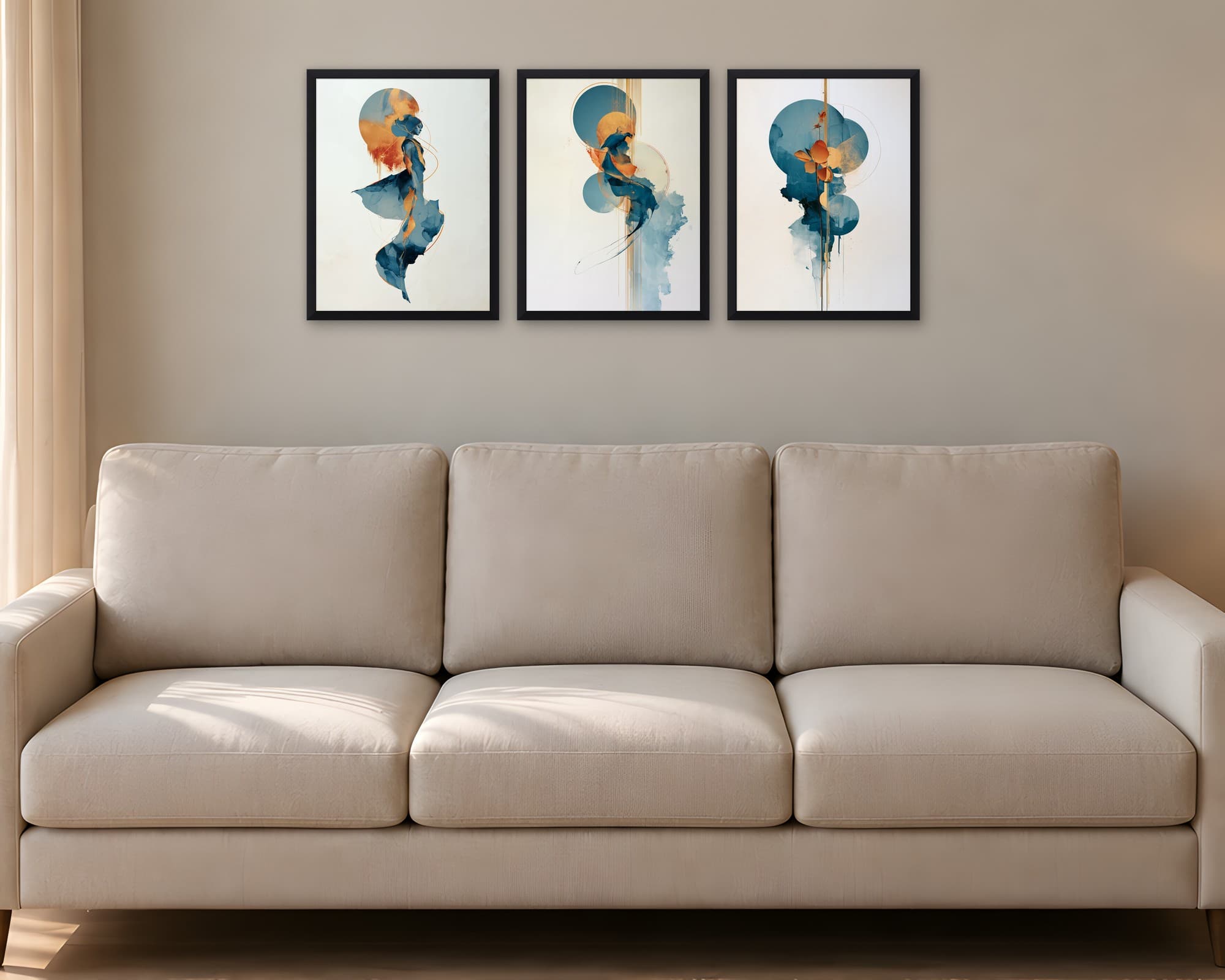 Bohem Minimalist 3'lü Set — Tablo Seti, duvarda oda görünümü