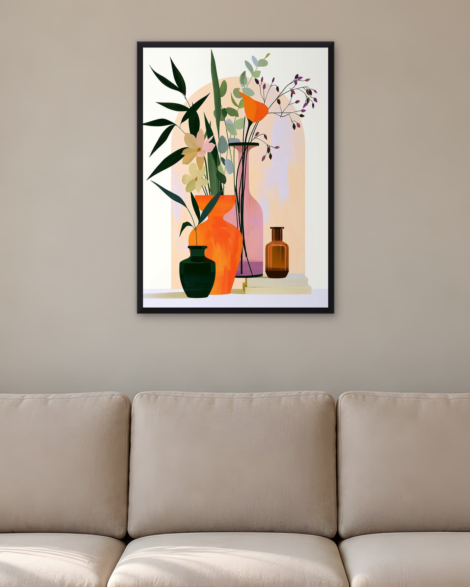 Bohem Vazolarda Yeşillik — Minimalist Duvar Tablosu, duvarda oda görünümü