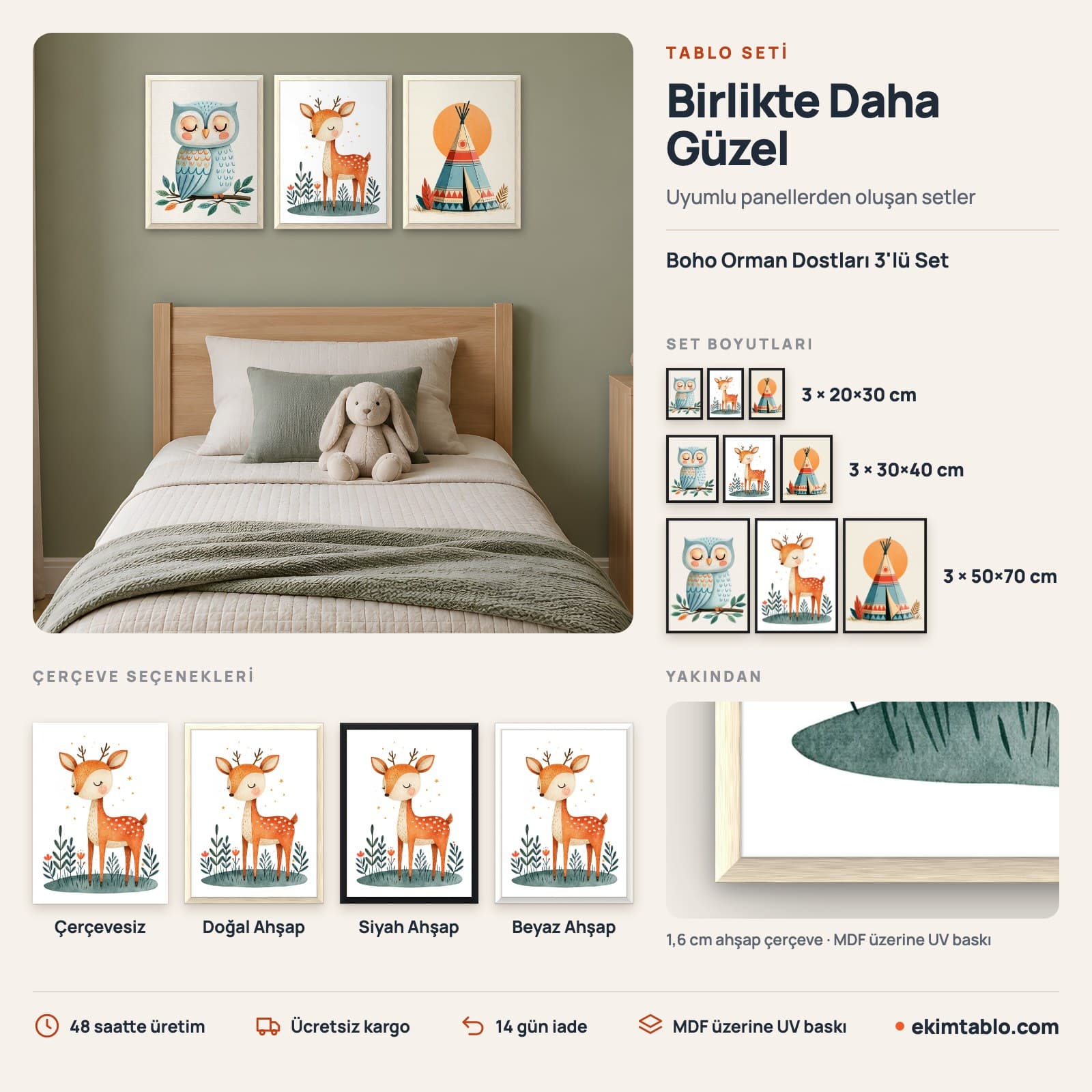 Boho Orman Dostları 3'lü Set — boyut ve çerçeve seçenekleri