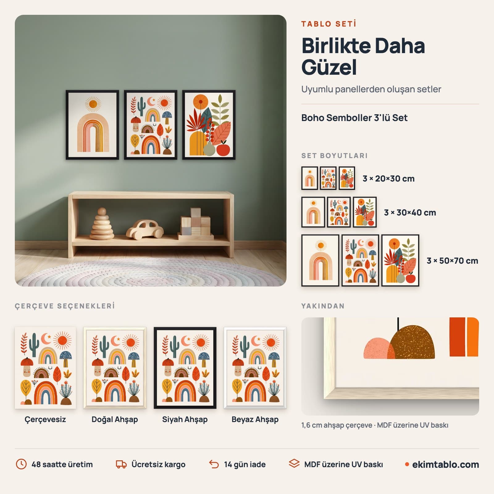 Boho Semboller 3'lü Set — boyut ve çerçeve seçenekleri