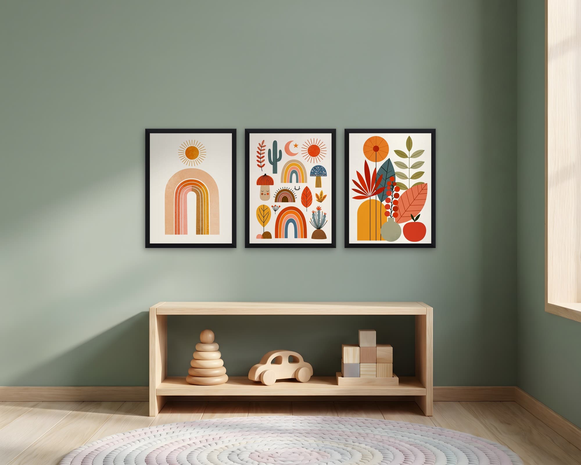 Boho Semboller 3'lü Set — Tablo Seti, duvarda oda görünümü