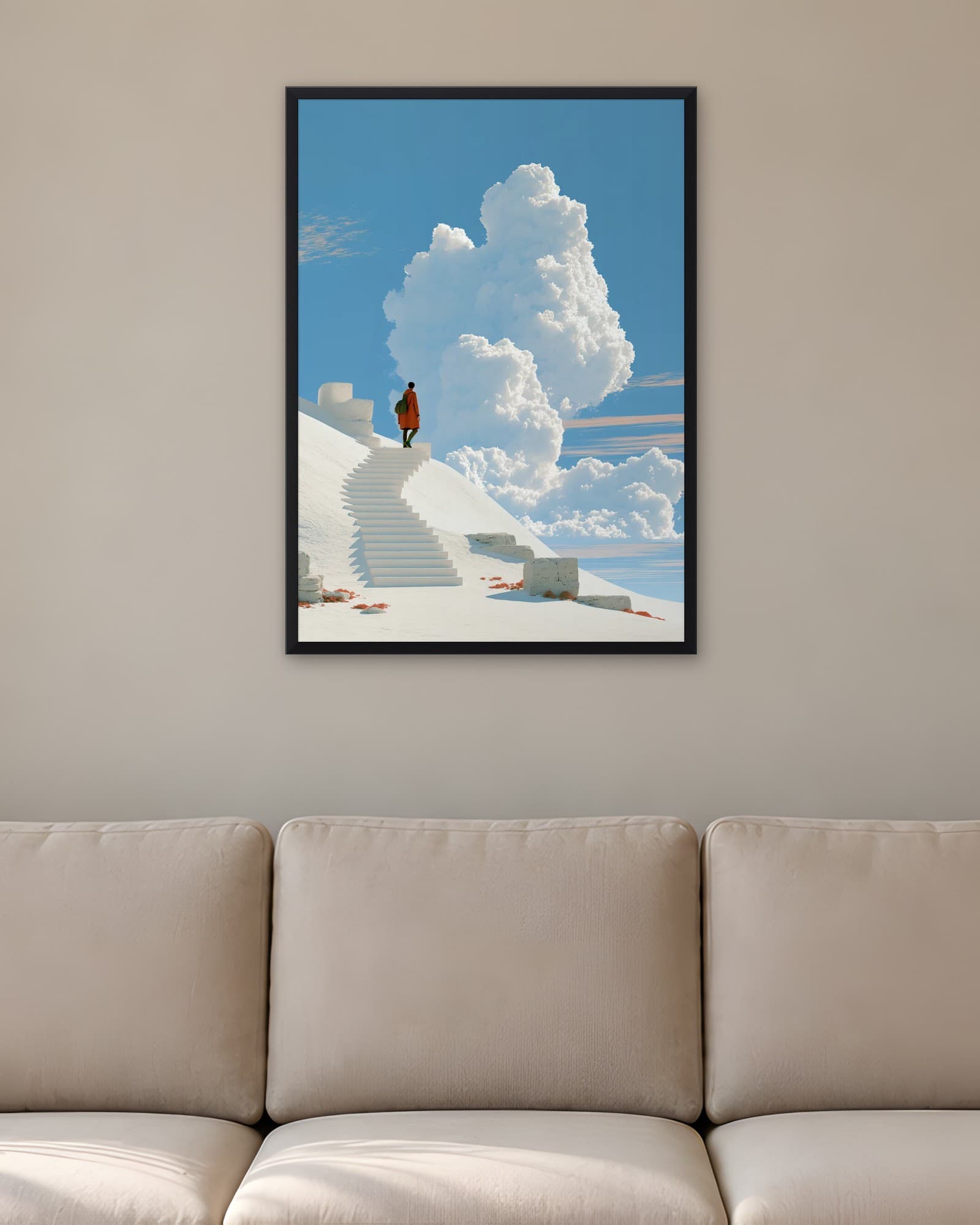 Bulutlara Çıkan Beyaz Merdiven — Minimalist Duvar Tablosu, duvarda oda görünümü