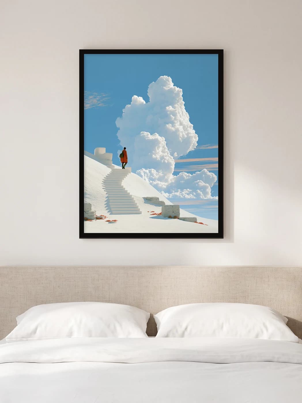 Bulutlara Çıkan Beyaz Merdiven — Minimalist Duvar Tablosu, duvarda oda görünümü