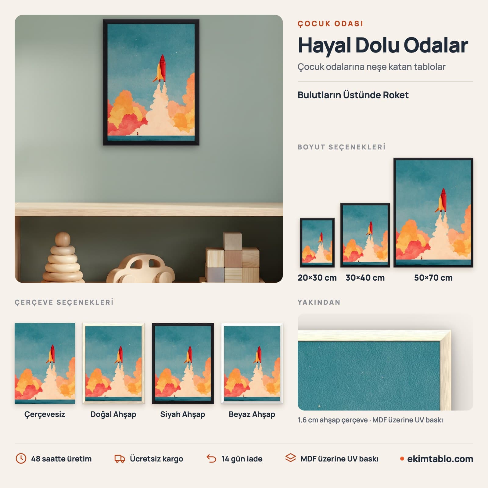 Bulutların Üstünde Roket — boyut ve çerçeve seçenekleri