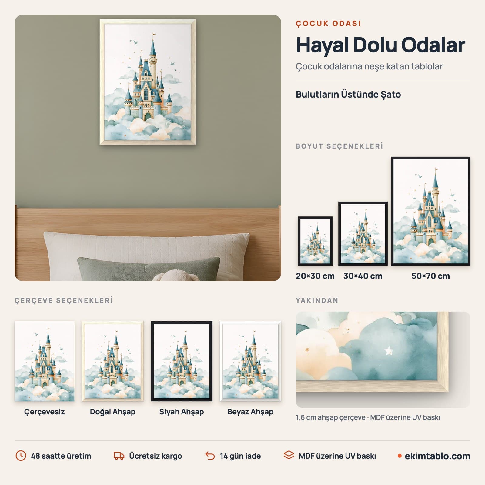 Bulutların Üstünde Şato — boyut ve çerçeve seçenekleri