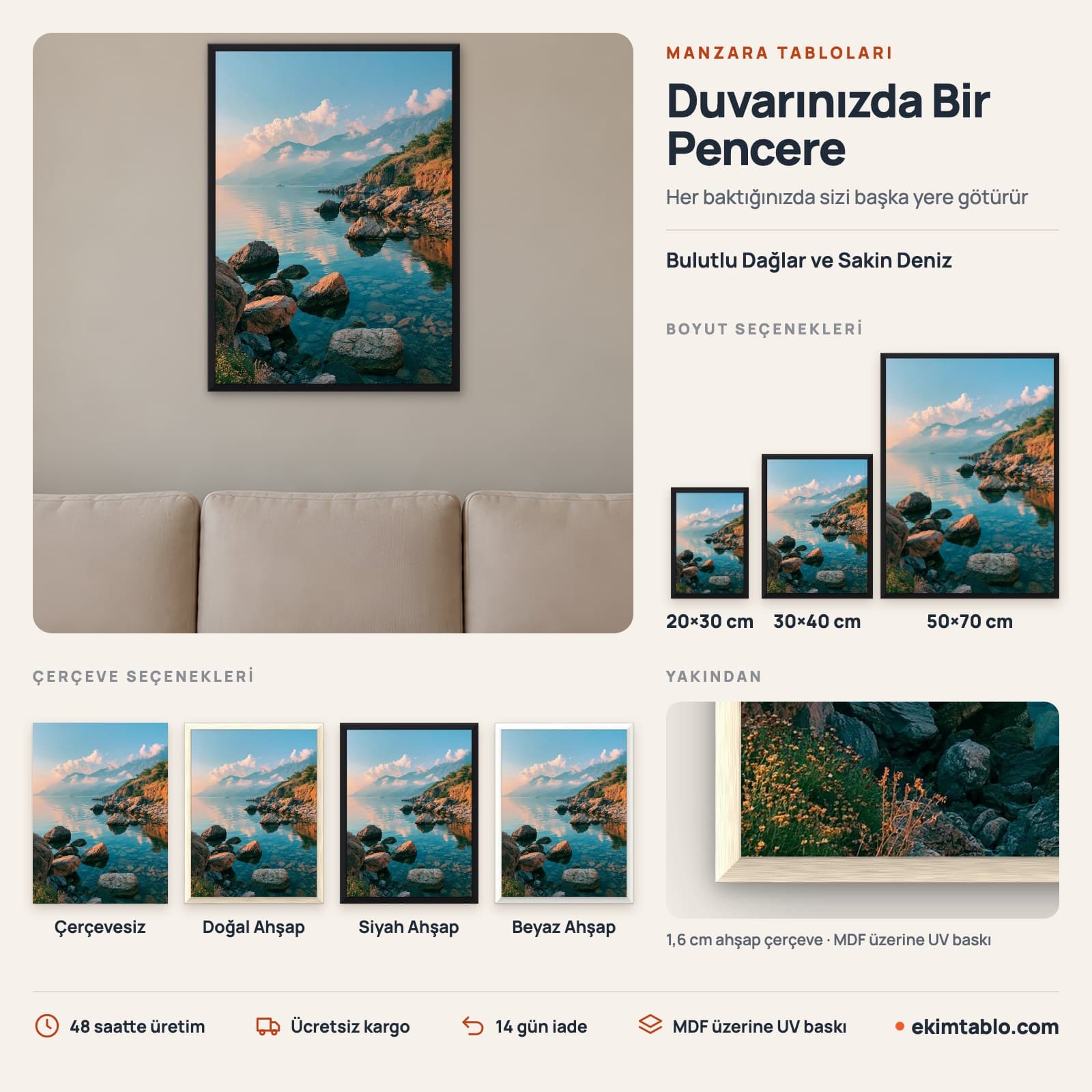 Bulutlu Dağlar ve Sakin Deniz — boyut ve çerçeve seçenekleri