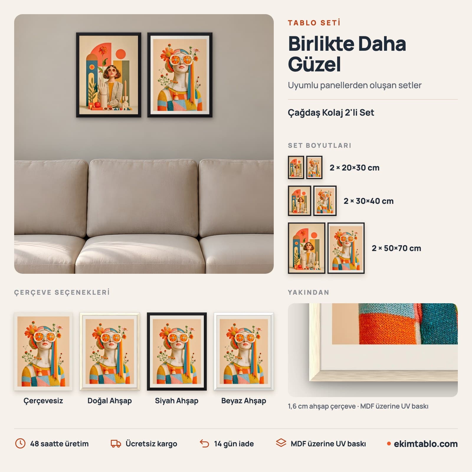 Çağdaş Kolaj 2'li Set — boyut ve çerçeve seçenekleri