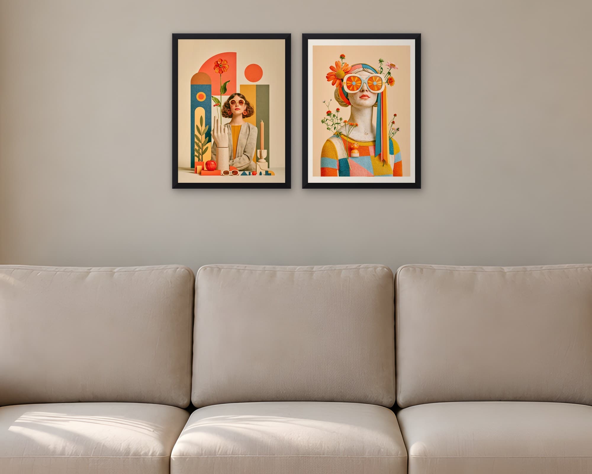 Çağdaş Kolaj 2'li Set — Tablo Seti, duvarda oda görünümü